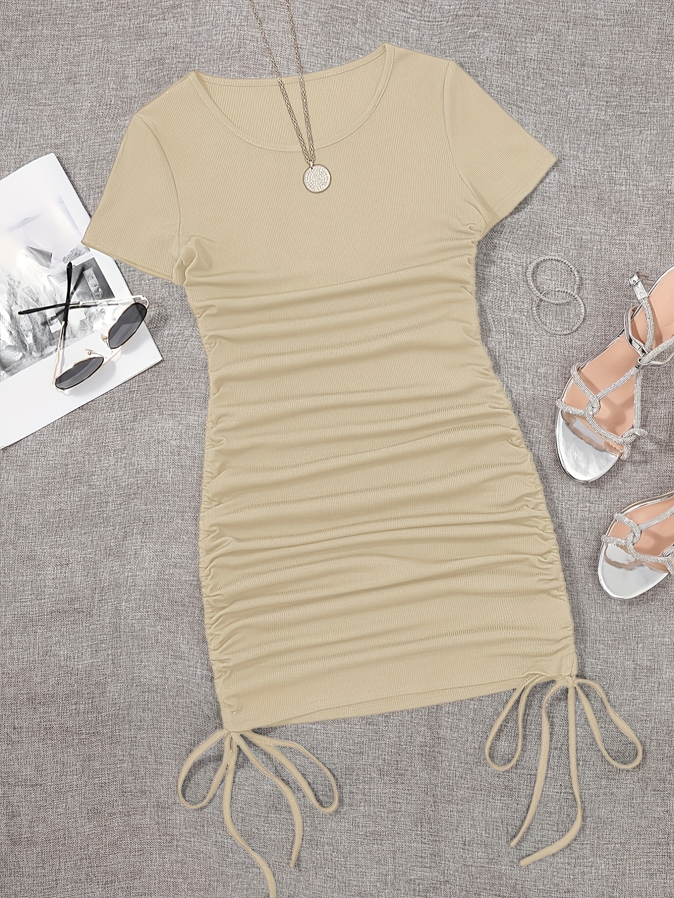 bodycon dress with strings Women's Straight Neck Cami Elastic Strings Heavy Rib Mini Bodycon Dress Khaki / Medium main image 1