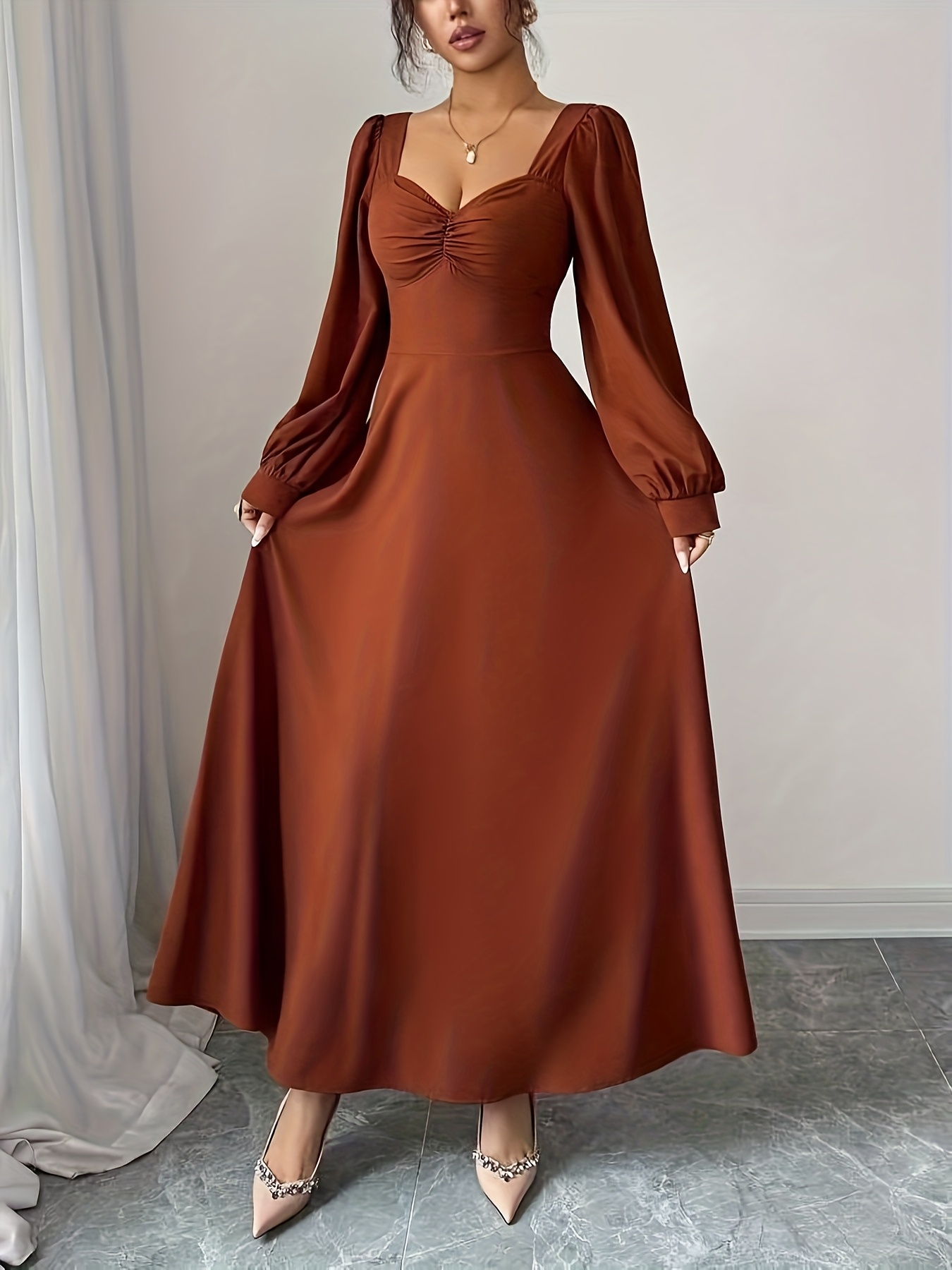 elegant waist cinching dress puffed sleeve fitted bodice - Temu Mauritius