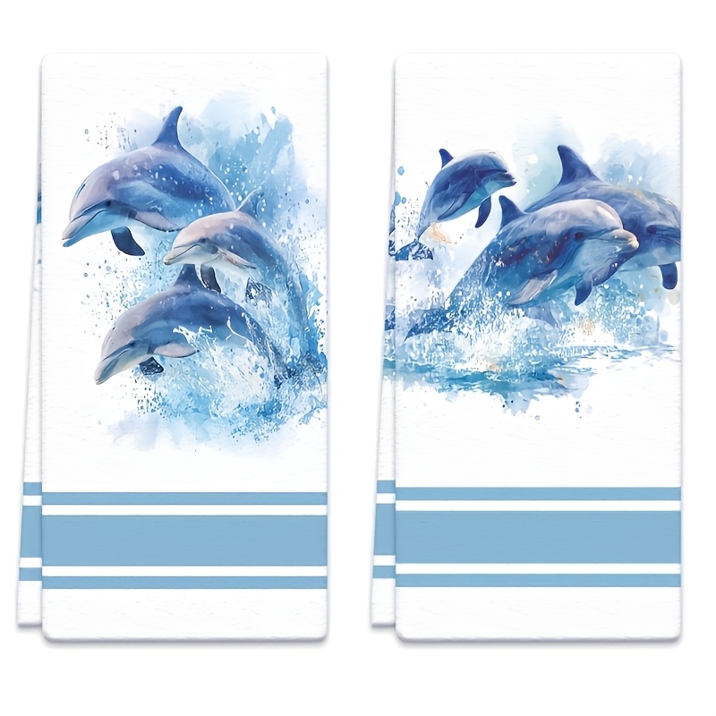 TEMU 2pcs Pack Dolphin-themed Kitchen Towels Suitable & Bath, Reusable Dish Cloths With Cute Design, Machine Washable Tea Towels, Housewarming Gifts