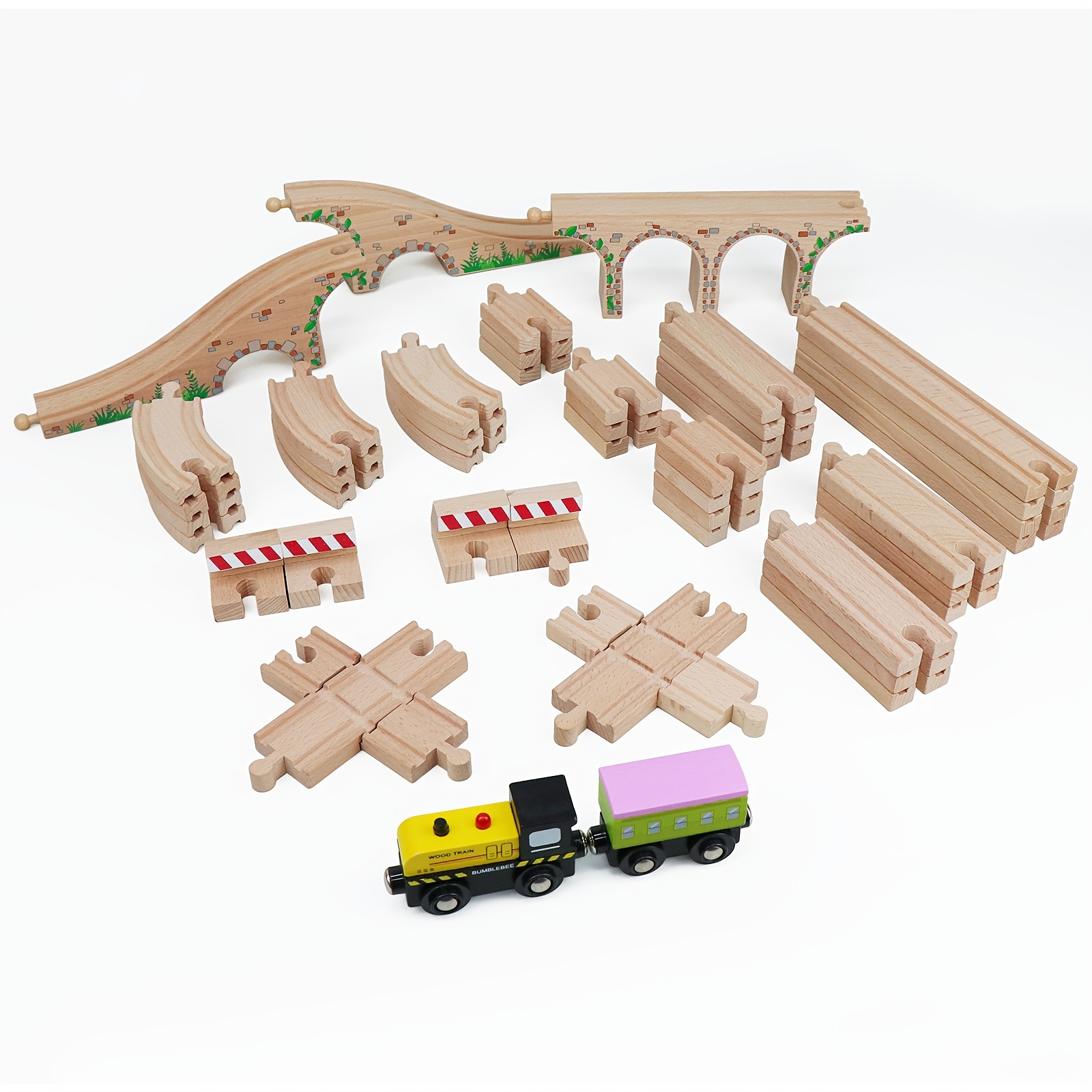47pcs Wooden Train Track Set With 2 Mini Trains - Compatible With , Creative Playset For