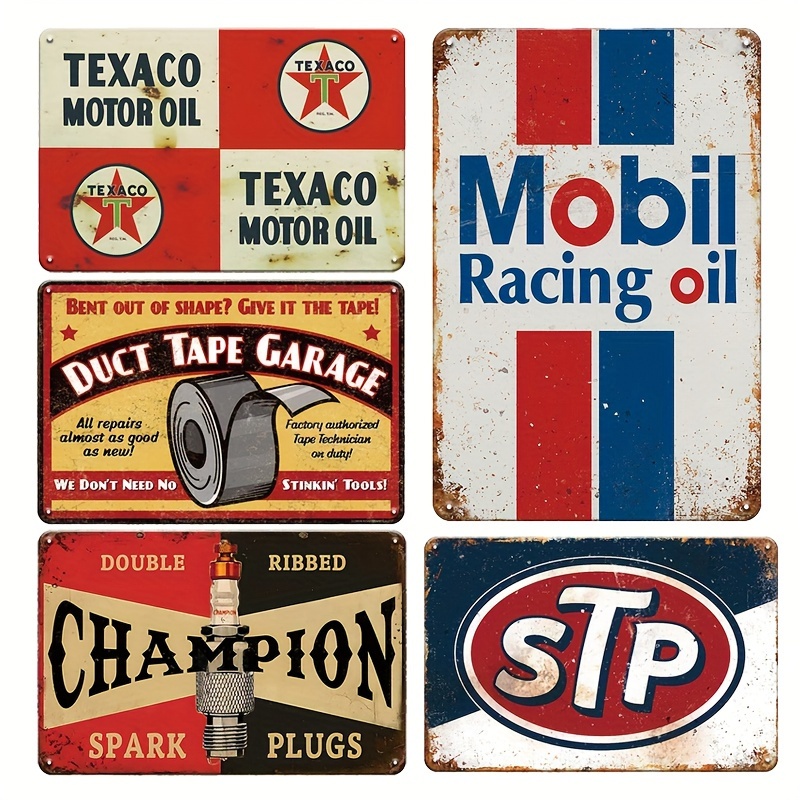 

5pcs Vintage Metal Tin Signs - Retro Gas & Oil Advertising Plaques - Classic Automobile Decor For Garage, Man Cave, Bar - 8x12