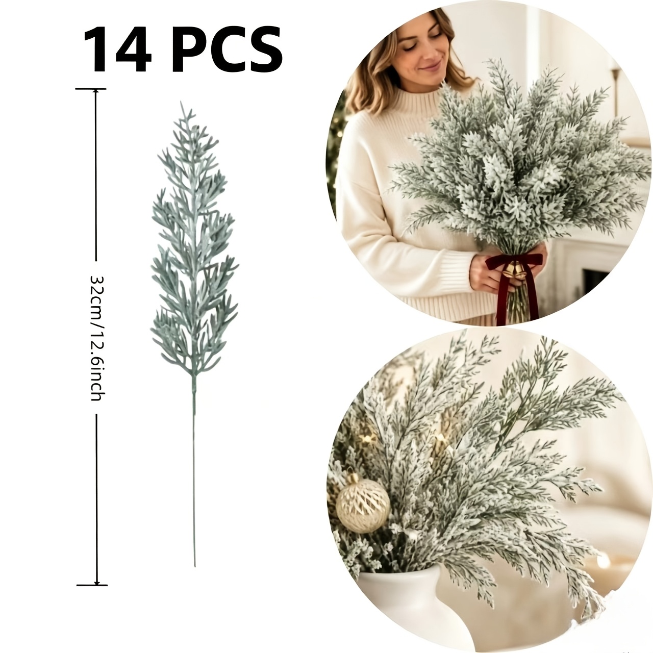 TEMU 14 Stück realistische Norfolk--Zweige im Sprüh-Stil, Schneeflocken--Bouquet - 12,6 Zoll lang, langlebige Kunststoff-Weihnachtsbaumdekoration für