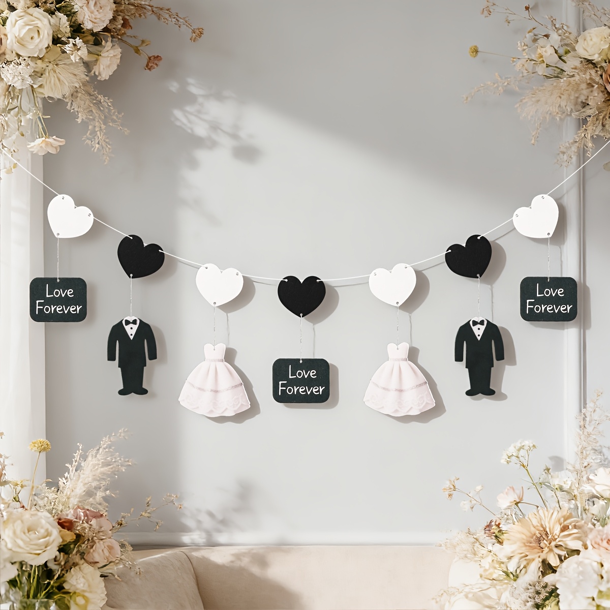 Image of Wedding Dress Suit Bride And Groom Mr. And Mrs. Engagement Wedding Banner Party Decoration Background Wall Pull Flag Love Heart Bow Pendant Photo Props