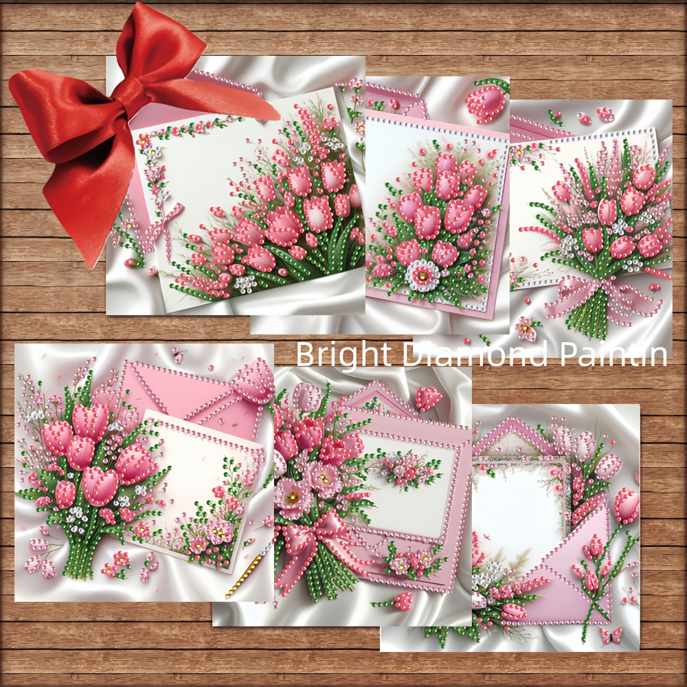 TEMU Diamond Painting - A Set Of 6 Greeting Cards Featuring Soft Pink Flower Bouquet Diamond Paintings, Perfect For Creative Wishes. Ideal For
