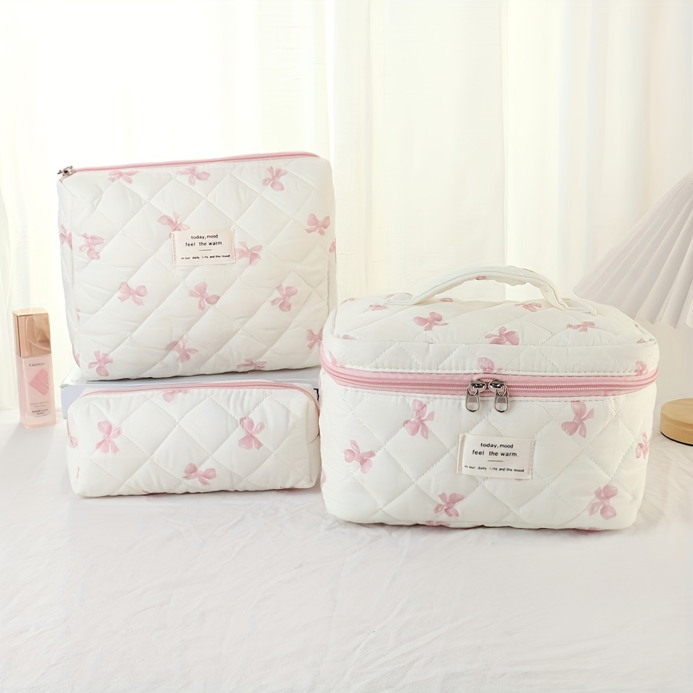TEMU Stylish 3-piece Quilted Cotton Floral Makeup Bag Set - Women's Lightweight Non-waterproof Toiletry Storage Bag