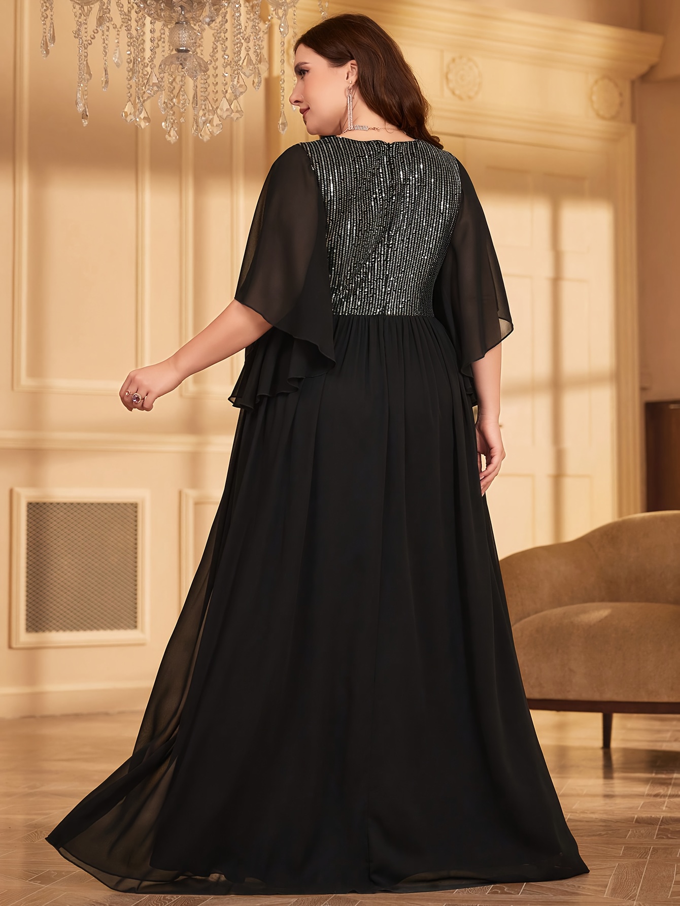 Elegant Plus Size Black Sequin Chiffon Dress V-Neck, Short Sleeve, Long  Sleeve, Non-Stretch Fabric, Plus Size Wedding Dress
