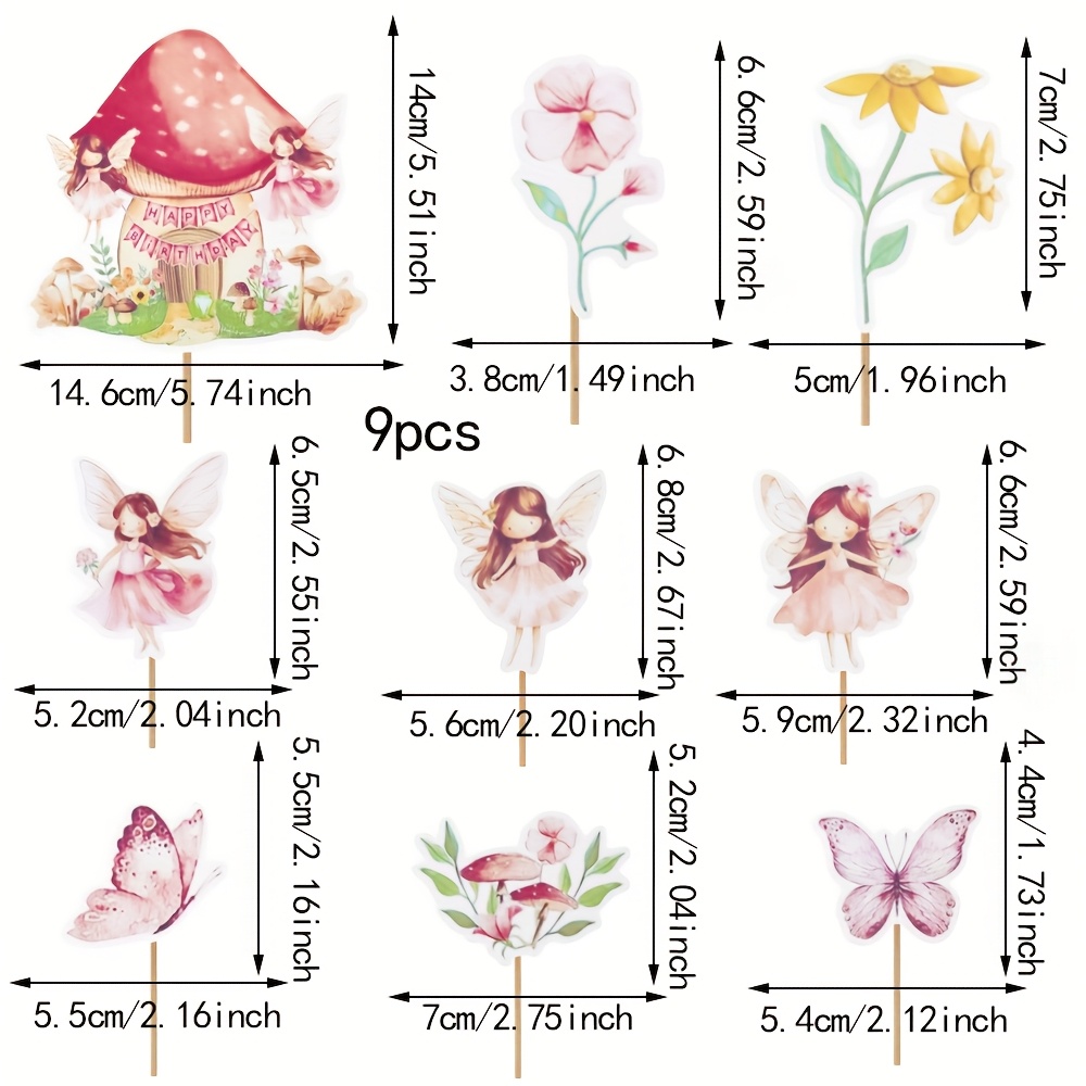 9-pack Fairy-themed Party Decorations Fairy Flower Mushroom House Cupcake Decorations Girls' Birthday Fairy Baby Shower Party Cake Decorations Girls' Elf Fairy Birthday Party Decorations