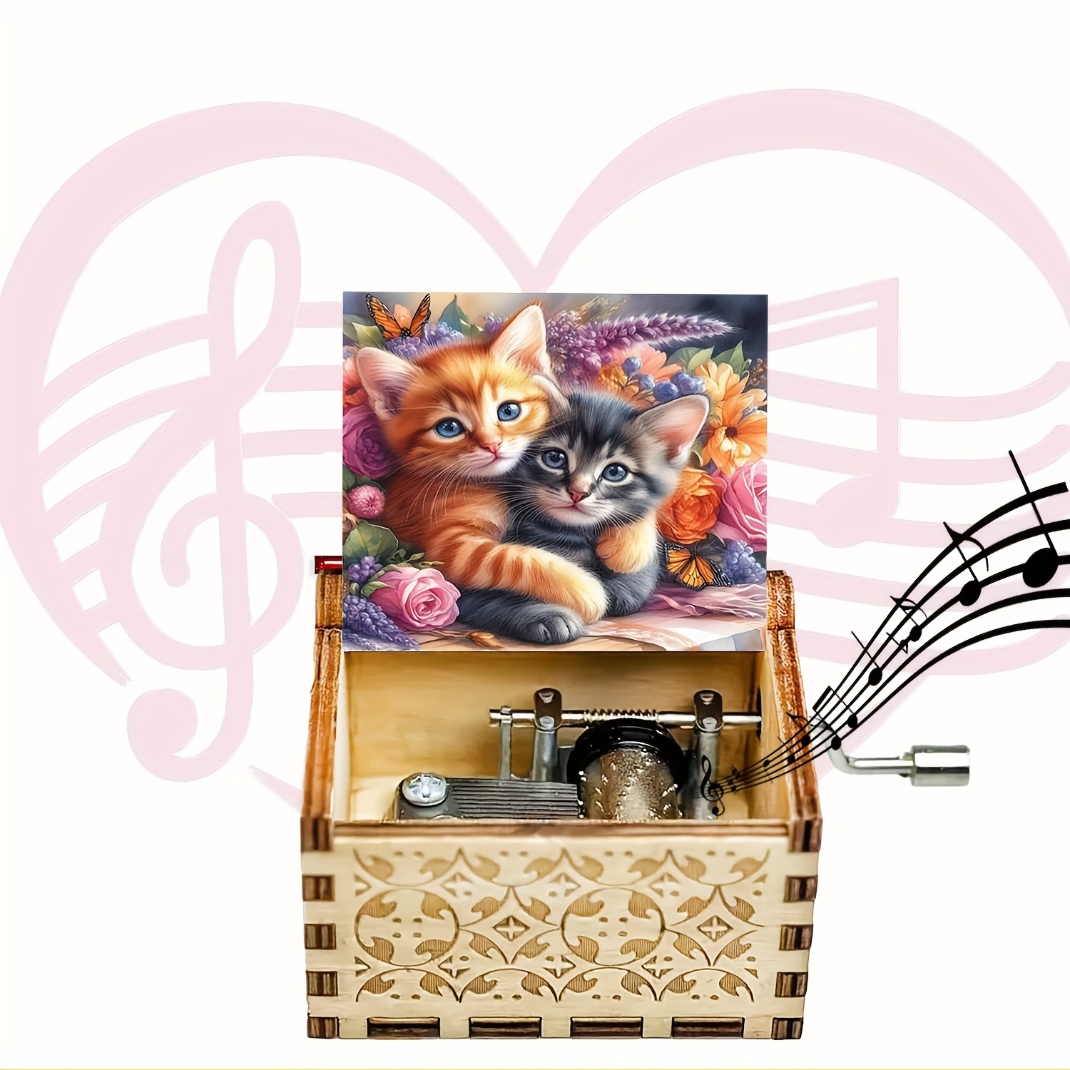 TEMU 1pc Vintage Wooden Hand-crank Music Box With 2 Adorable Kittens Hugging - Floral & Musical , Gift For Birthdays, Anniversaries, Valentine's,