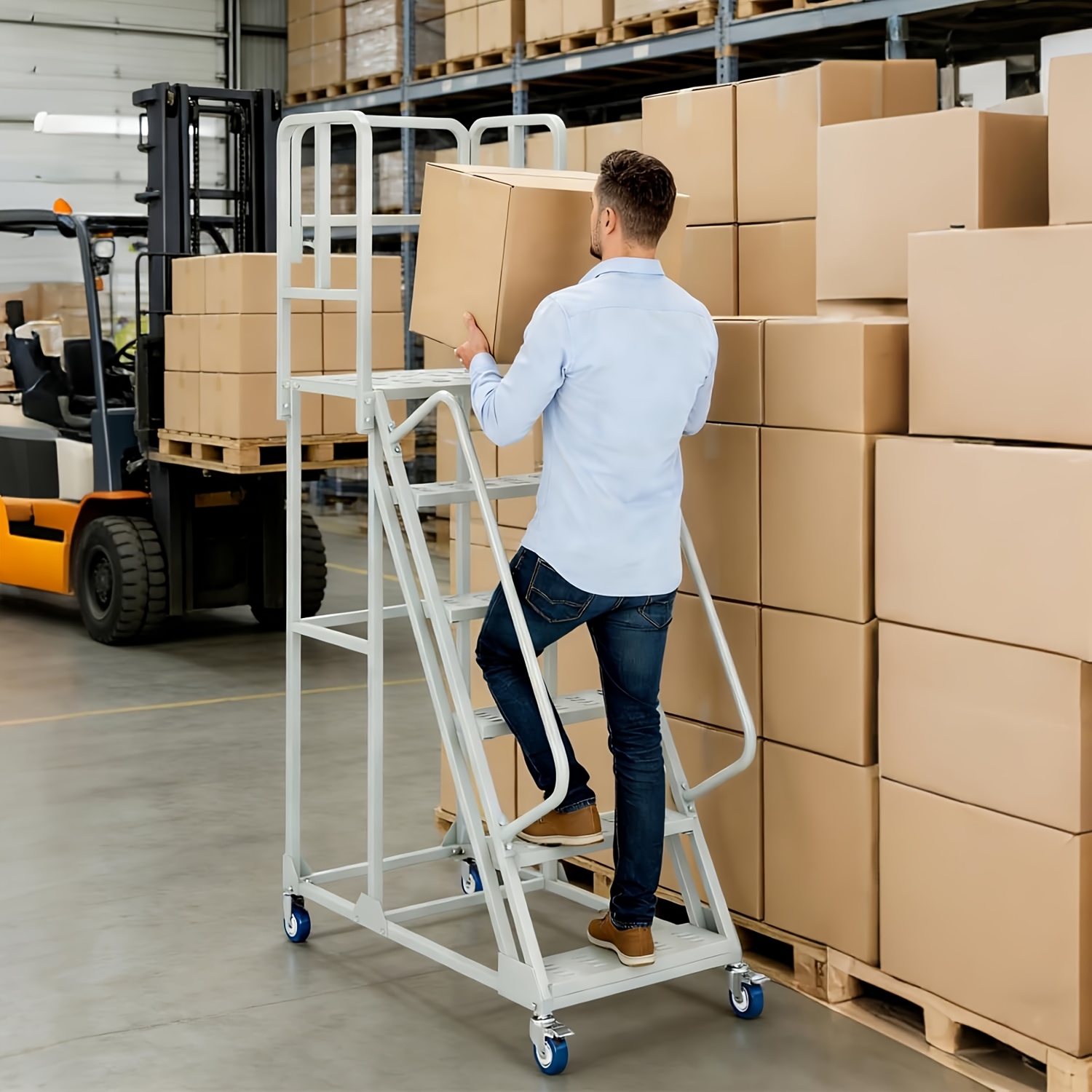 a 6 step rolling ladder measuring 24 inches wide and 90 inches high featuring dual handrails and lockable wheels   of supporting up to 1200   this heavy duty mobile   is ideal for use in   supermarkets Product details 5