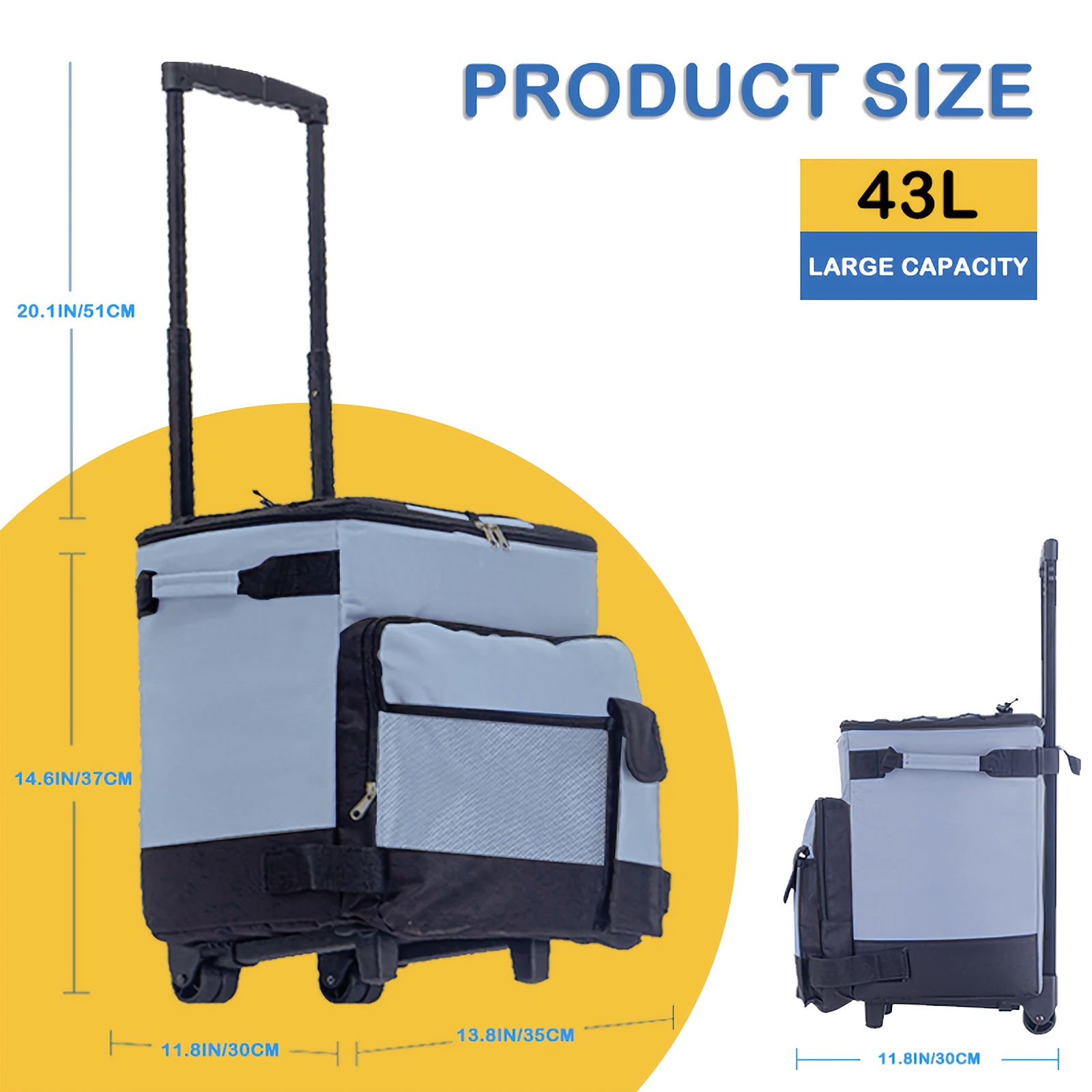 11.36gal Large Heavy-Duty Leakproof Insulated Cooler with All-Terrain Wheels - Extra Wide Opening, Side Pockets - Heavy-Duty Construction for Camping, Beach, Tailgating, Parties - Ideal Gift for Dad, Father's Day, Outdoor Adventures, Party Supplies, Sturdy Handle, Durable Build, Rolling Cart, Party Hosts