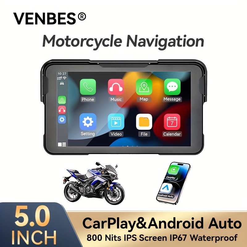 Reproductor multimedia VENBES de 12.7 cm para motocicleta, con pantalla táctil IPS, CarPlay sin varillas, Android Auto, IP67 a prueba de agua, compatible con todas las motocicletas