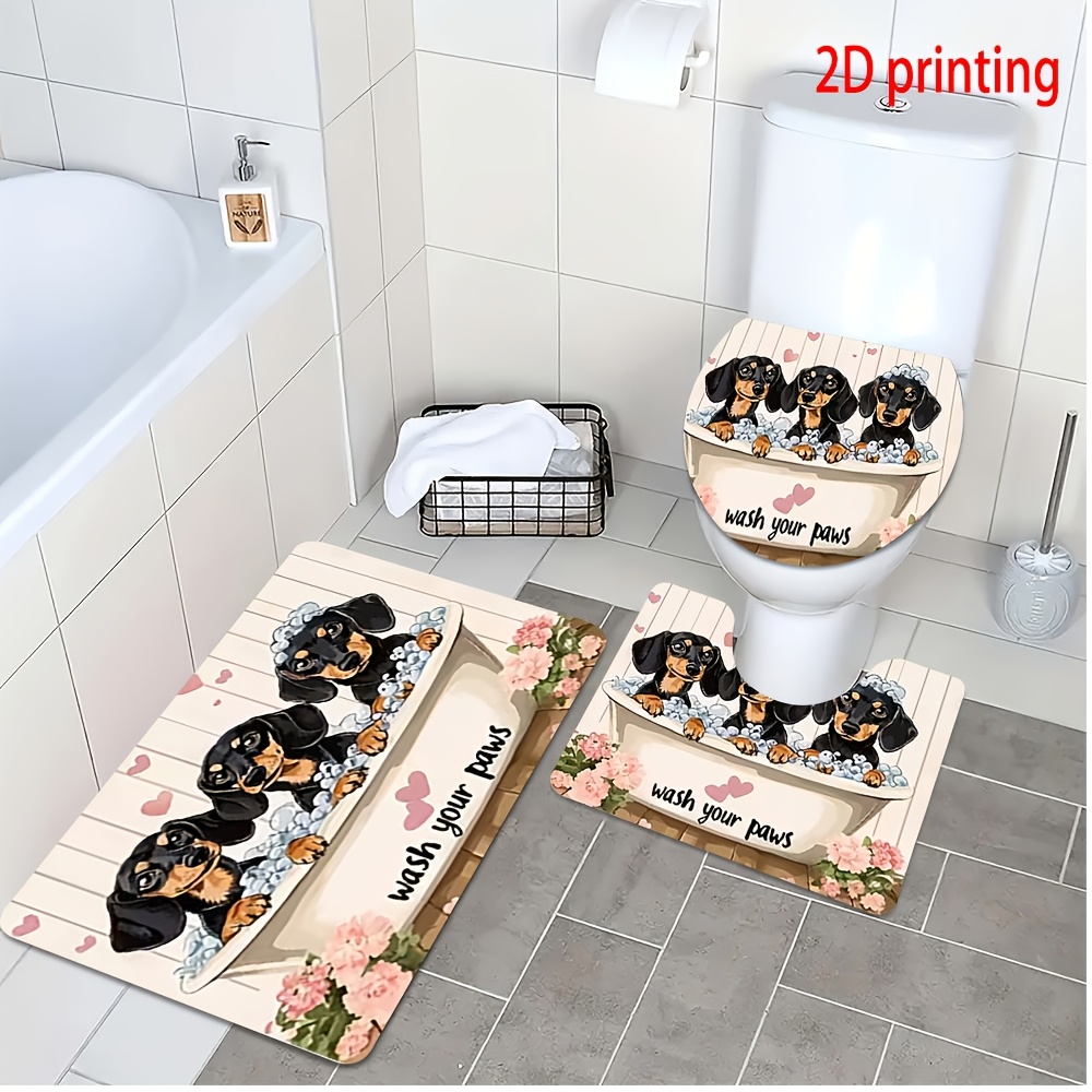 TEMU 3pcs Bathroom Rug Set With 2d Printed Design, Thickened Ultra Soft And Comfortable Dachshund Dogs In Bathtub With Bubbles Hearts Flowers Wash