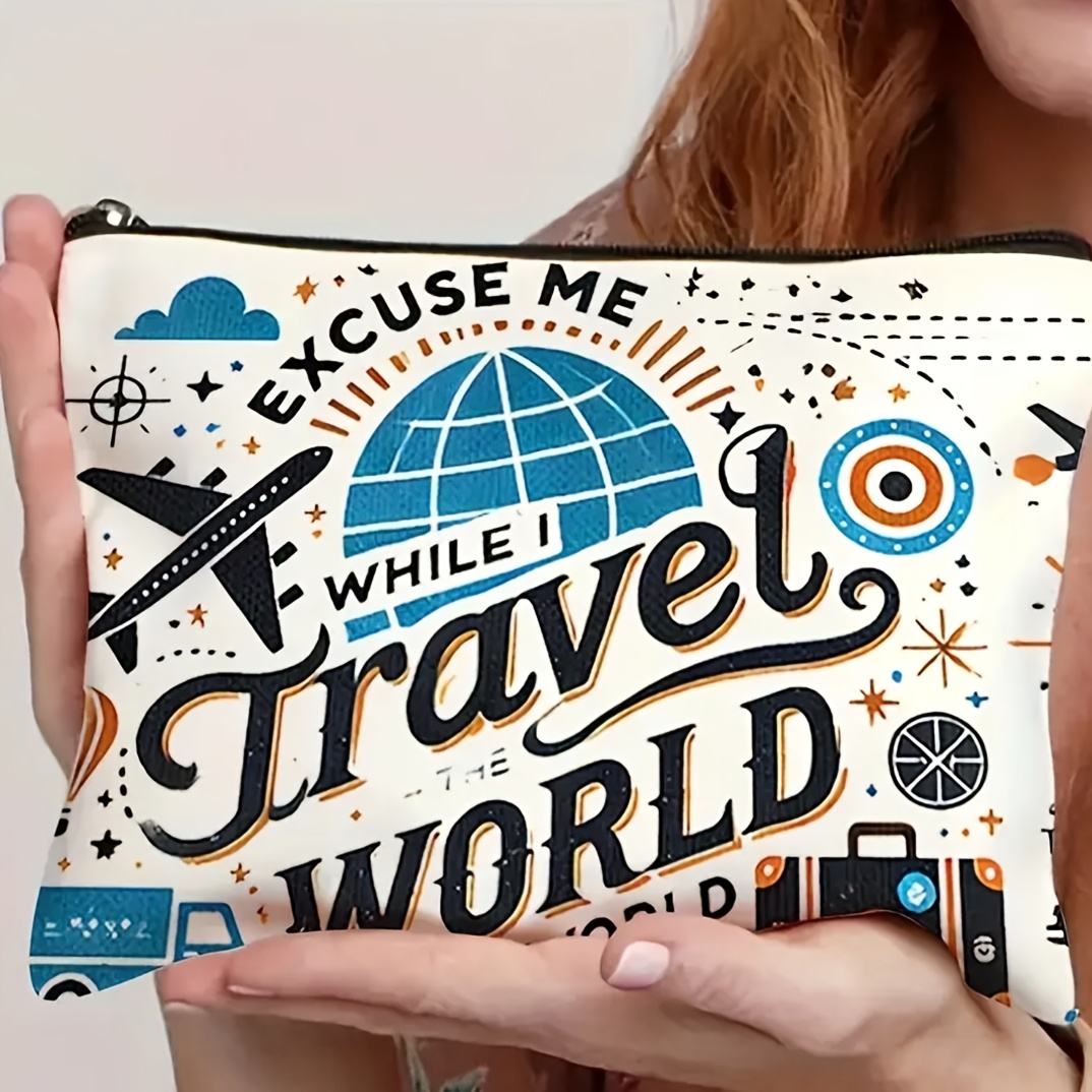 Image of 1pc Travel Cosmetic Bag - World Map And Cosmetics Storage Pouch, Durable Fabric Portable Wash Bag For Travel, Gym, Camping - Gift For Travelers, Vibrant | Safe Zipper Closure, Travel Cosmetic Bag