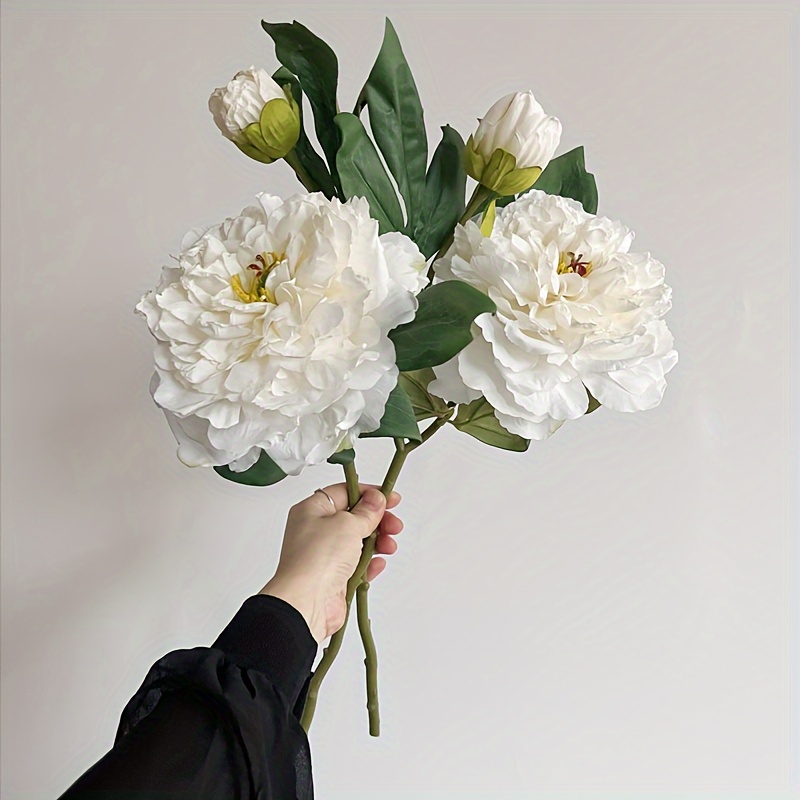 

Silk Belgian Peony Bouquet - 1pc Lifelike Artificial Milk White Flowers For Wedding And Home Decoration, Faux Floral Accent