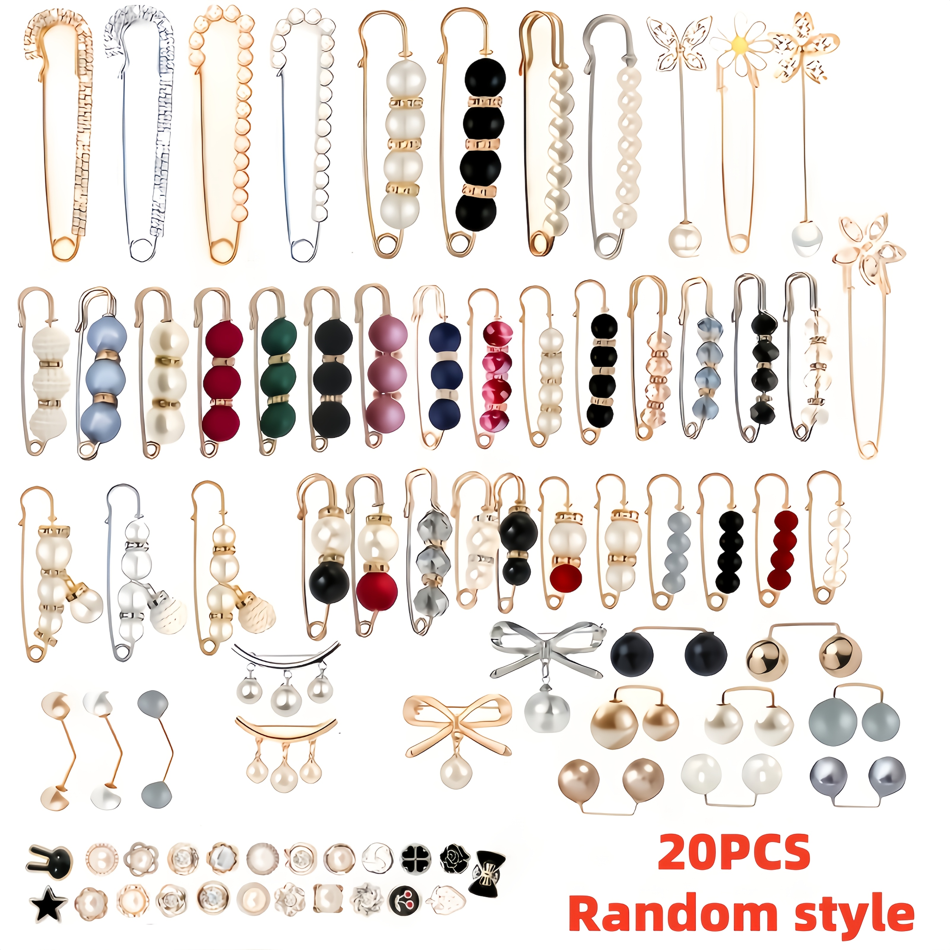 TEMU 20pcs/set (styles And Sizes Mixed) Large Specification Combination Set Mixed Elegant Artificial Pearl And Waist Pin Set, Suitable For Women -