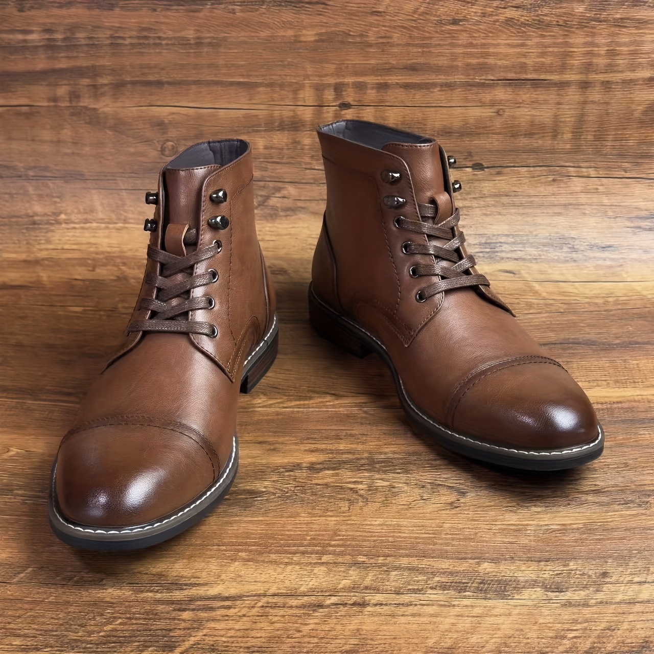 Men's Lace-Up Mid-Calf Oxford Derby Boots, Solid Brown, Comfortable All-Season Short Boots for Casual Business and Parties, Ideal Gift for Boyfriend,