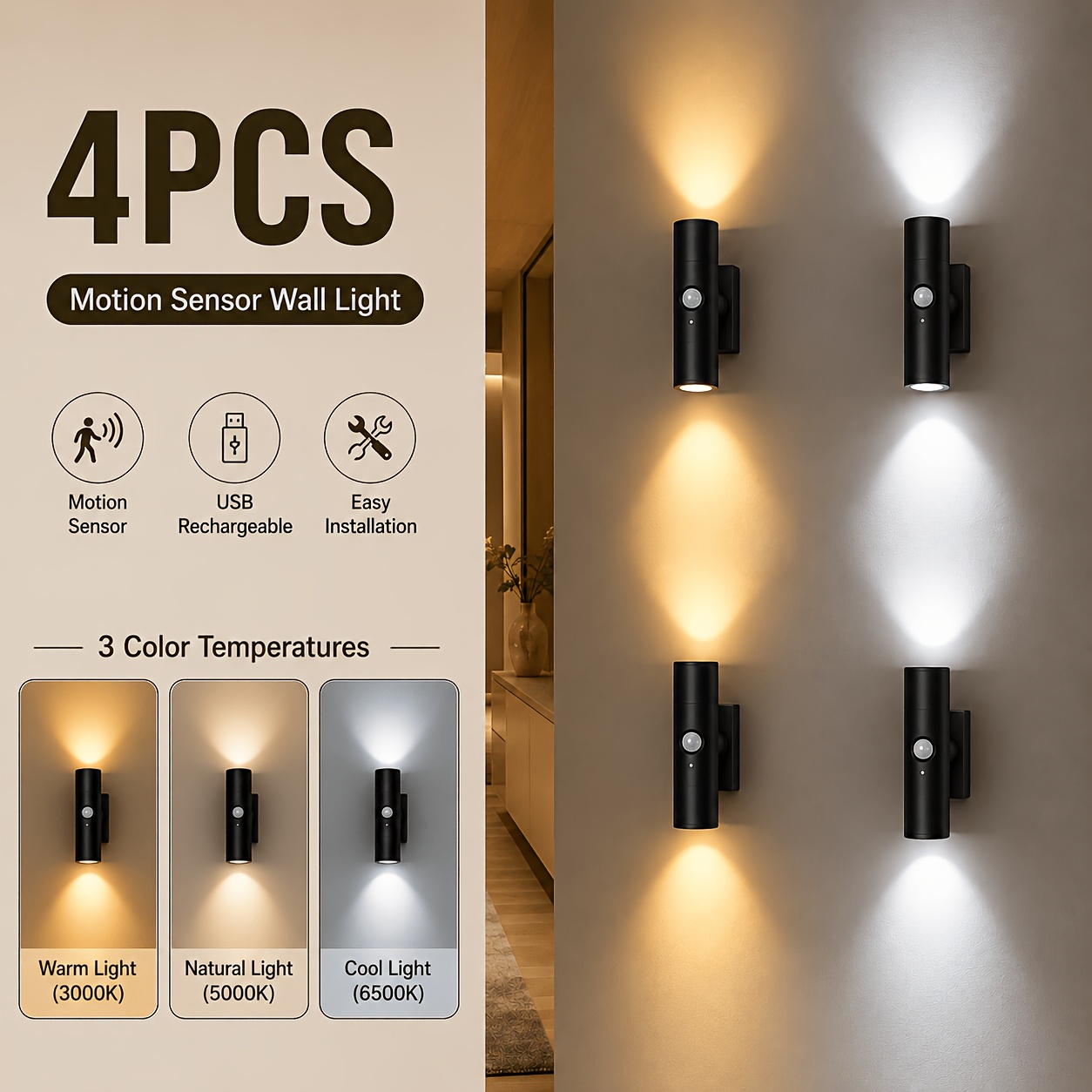 TEMU 2/4-pack Rechargeable Rgb Led Motion Sensor Wall Lights, Magnetic Wireless Rgb Gradient Night Lights, Battery-operated Decor Lamp For Bedroom