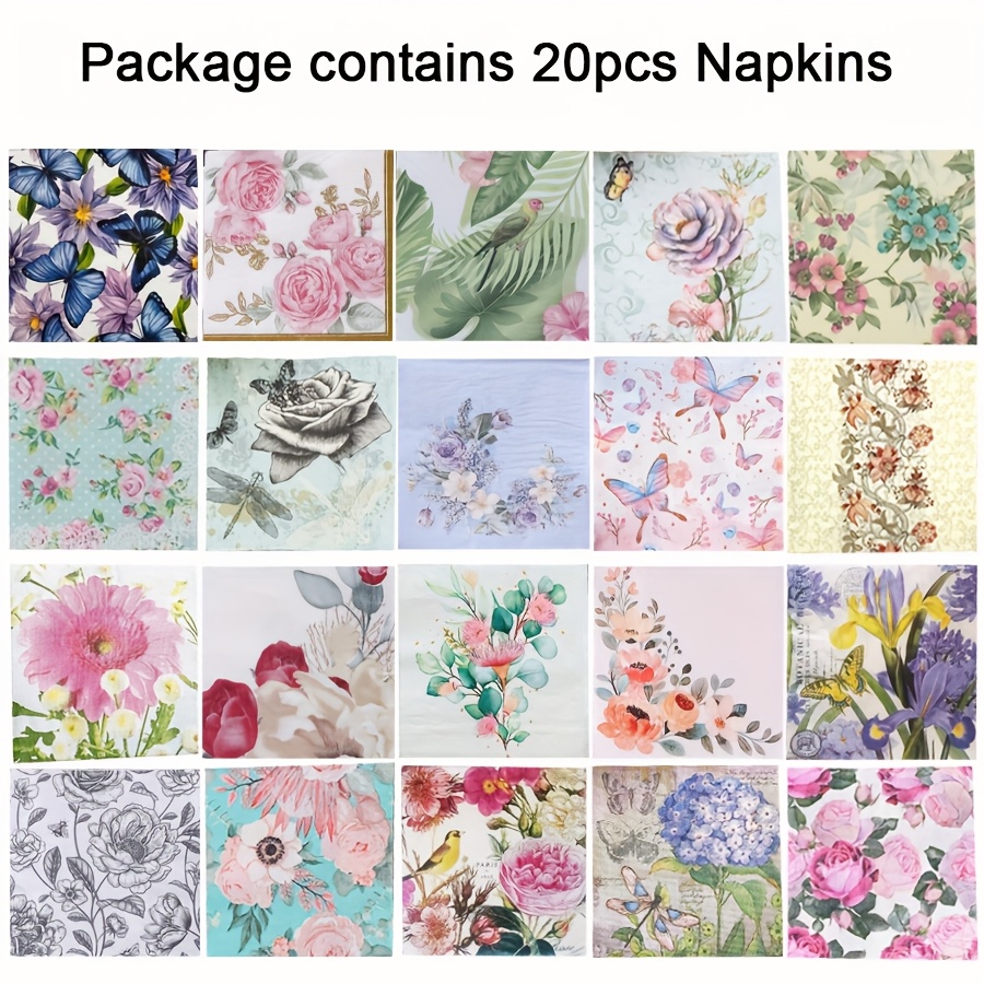 TEMU 20pcs 20 Styles Paper Napkins, Floral Decorative Cutouts For Diy Craft Birthday Party, Each Sheet Expands To 13 Inches ( & Flowers)