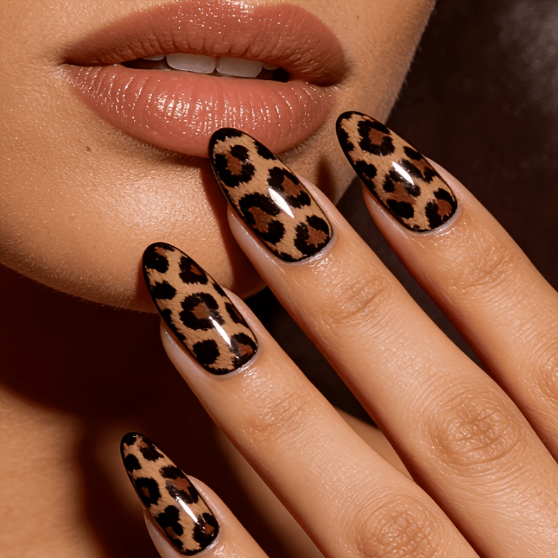 Image of 24pcs Brown Leopard Print Press-on Nails Suitable For , Almond-shaped Gel Tip Fake Nails With Glossy Finish, Detachable Wearable Nail Stickers For Spring Summer Nail Art, Application For