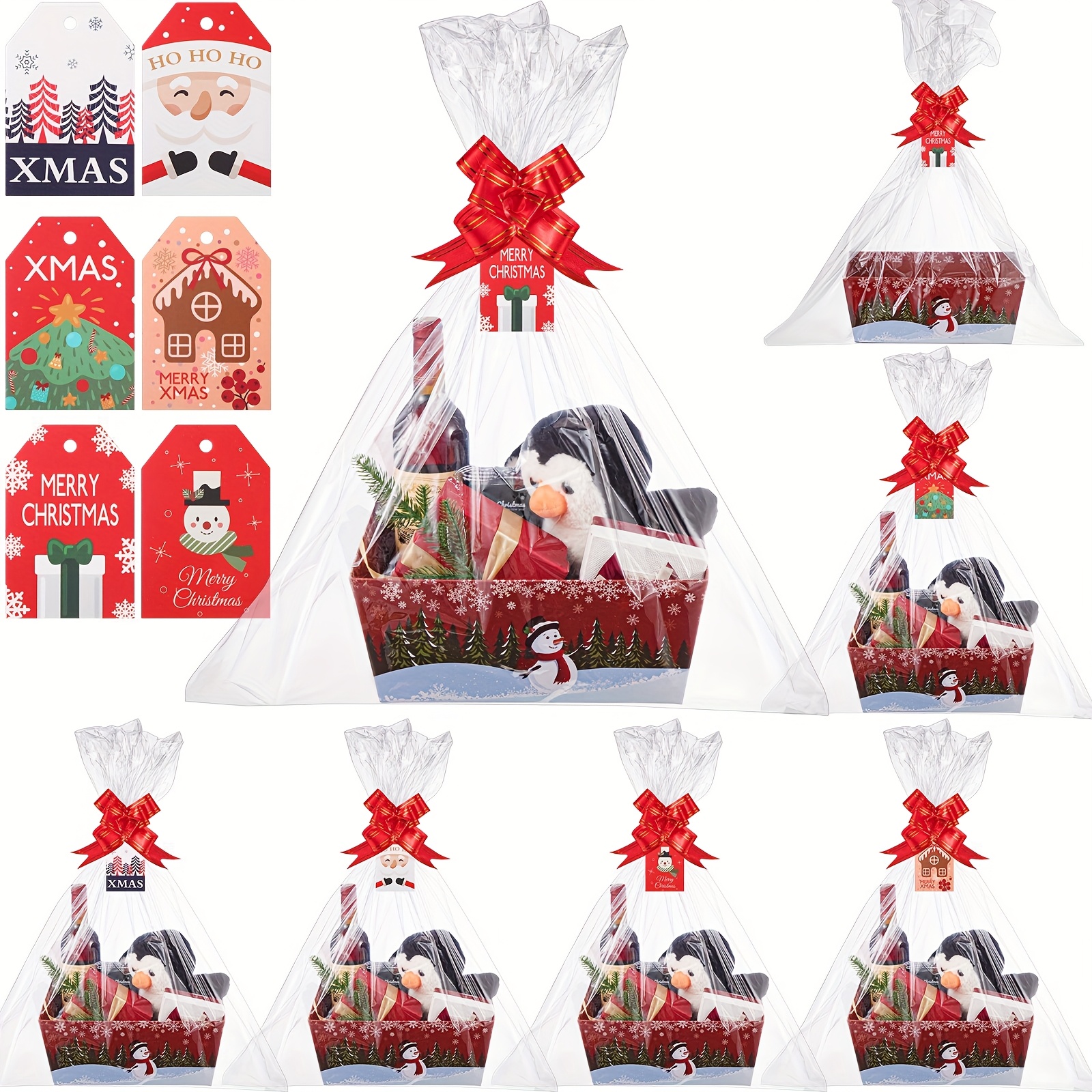 6 Sets (12 Large Baskets) Red Christmas Gift Baskets with Snowman Design & Sturdy Cardboard Construction - Assembly with Handles, Spacious Empty Baskets for Holiday Parties, Xmas Decorations, Gift Wrapping & Storage - Durable Party Supplies for Home