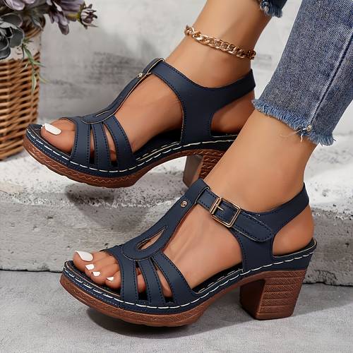 stylish womens heels solid strap sandals casual non slip chunky t strap synthetic cover