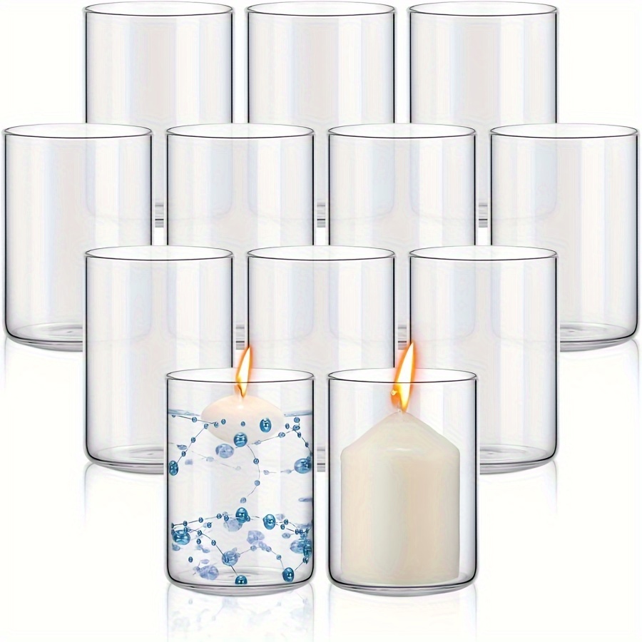 12pcs Set Glass Clear Cylinder Floating Candle Holders, Centerpiece Table Vases, For Home Wedding Event Decoration, Formal Dinner Table Decor Arrangements