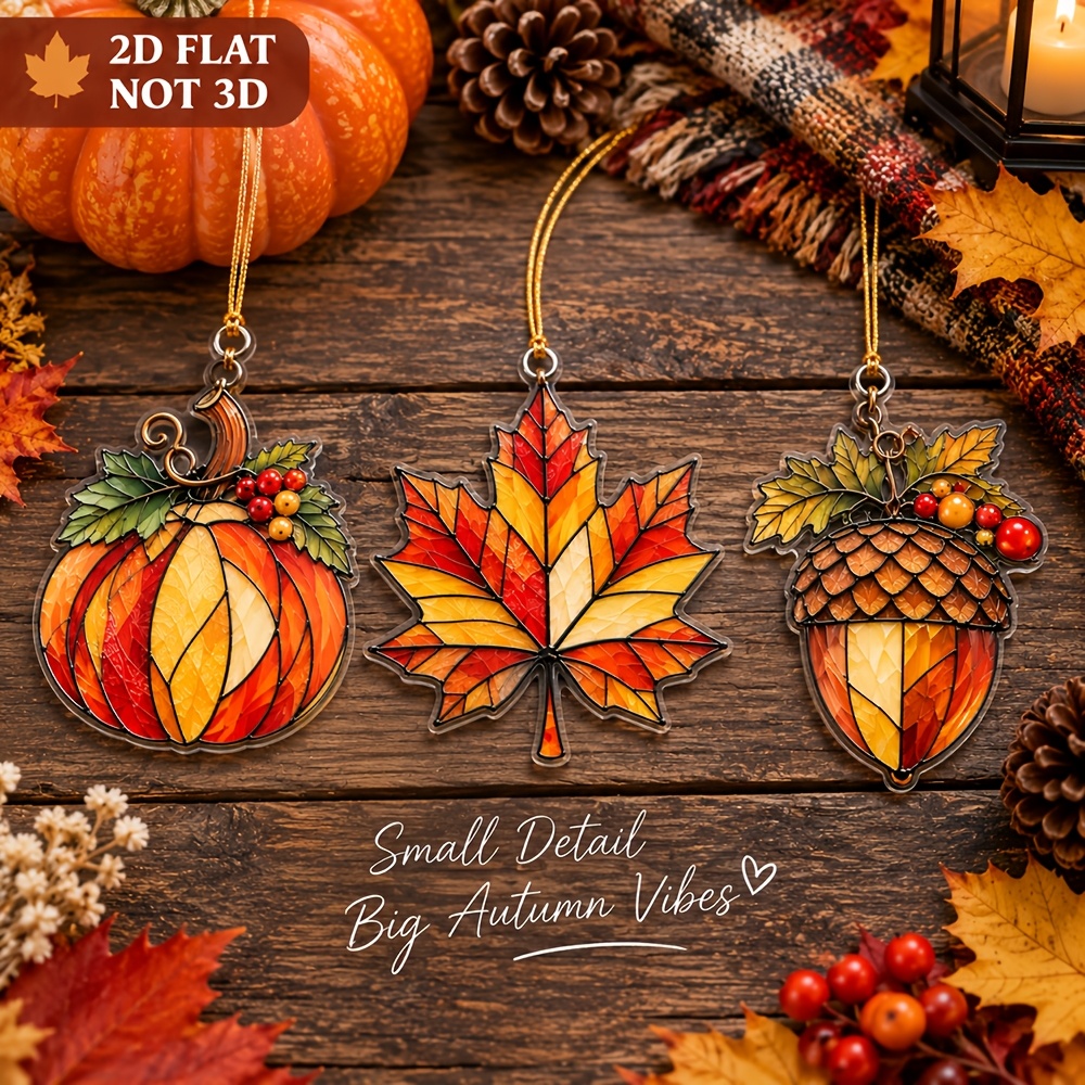 TEMU 3pcs Set Of Autumn Acrylic Window Decorations, Maple Leaf Pumpkin Painted Glass Wind Chimes, 2d Flat Uv Printing, Hanging Rope, Autumn