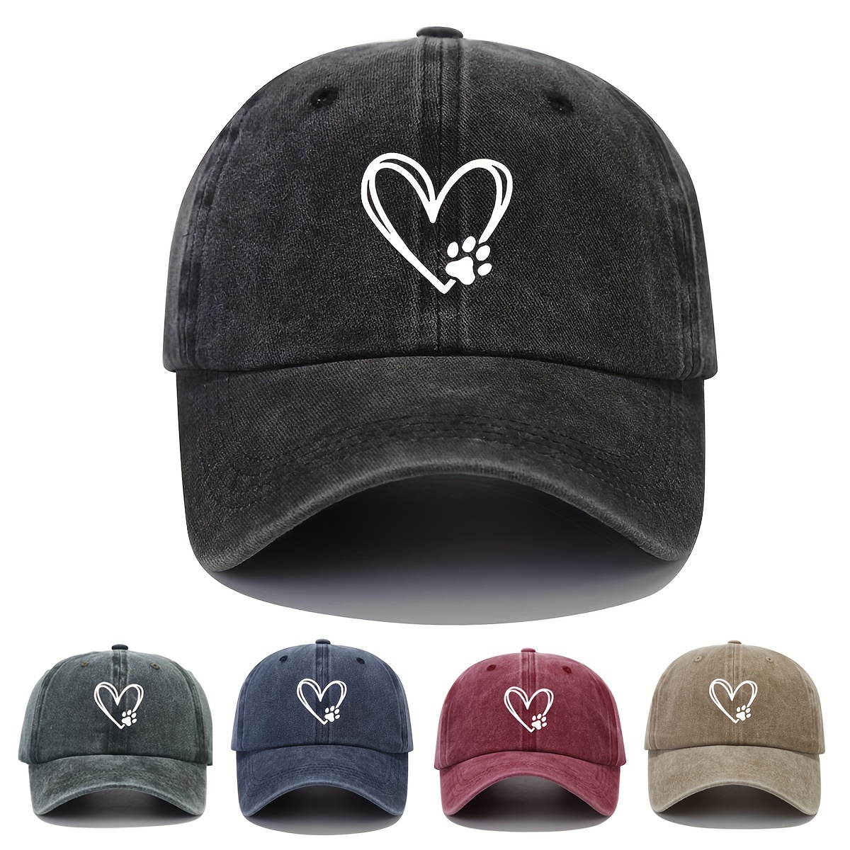 

Unisex Vintage Washed Distressed Baseball Cap, Adjustable Size Cotton Hat With Love Heart Cat Paw Print, Outdoor Casual Hat