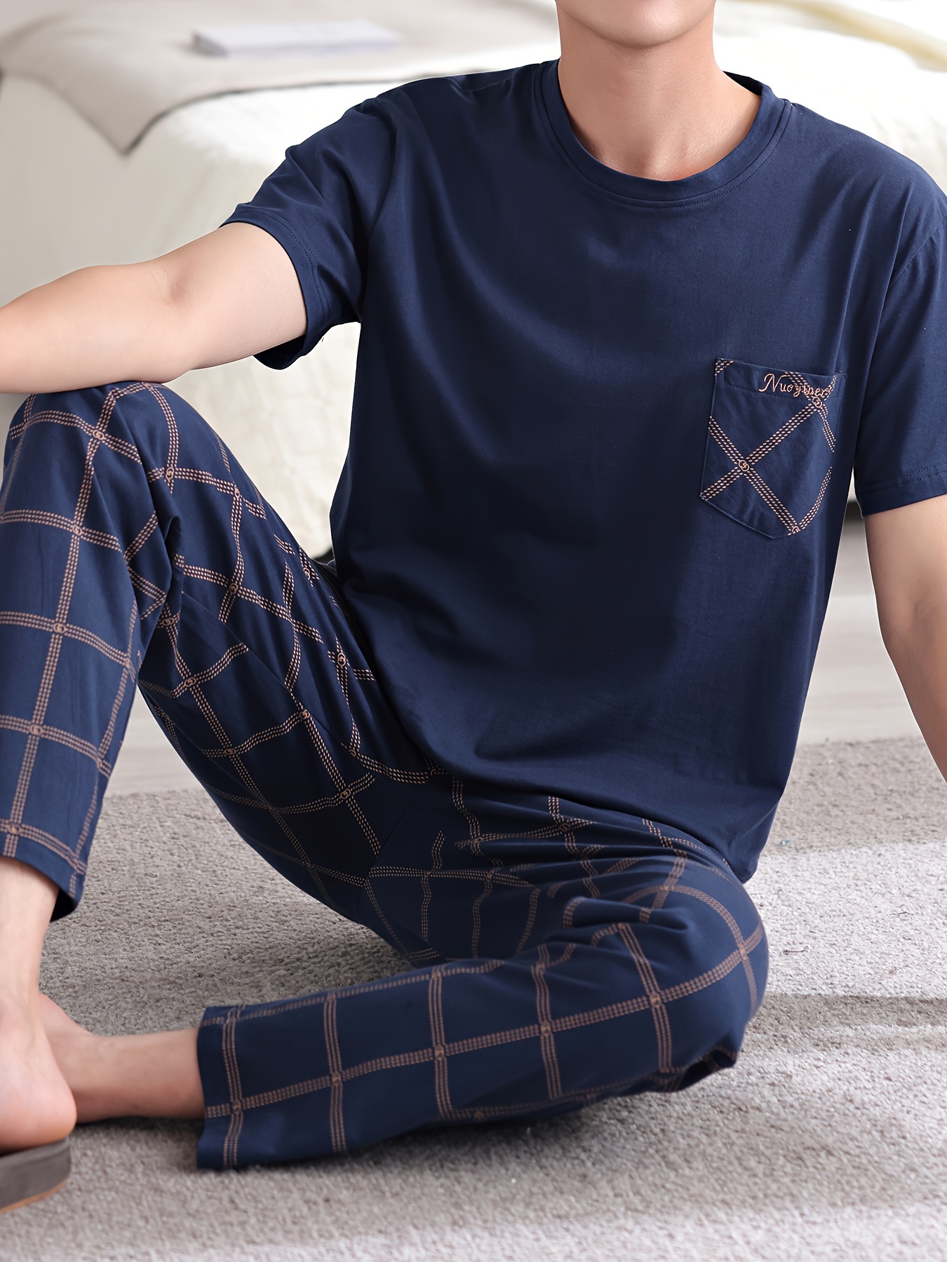 Plus Size 2 Pcs Men's Cotton Short Sleeve & Plaid Print Trousers Pajama Sets, Comfortable & Skin-friendly Style Pajamas For Men's Cozy Loungewear