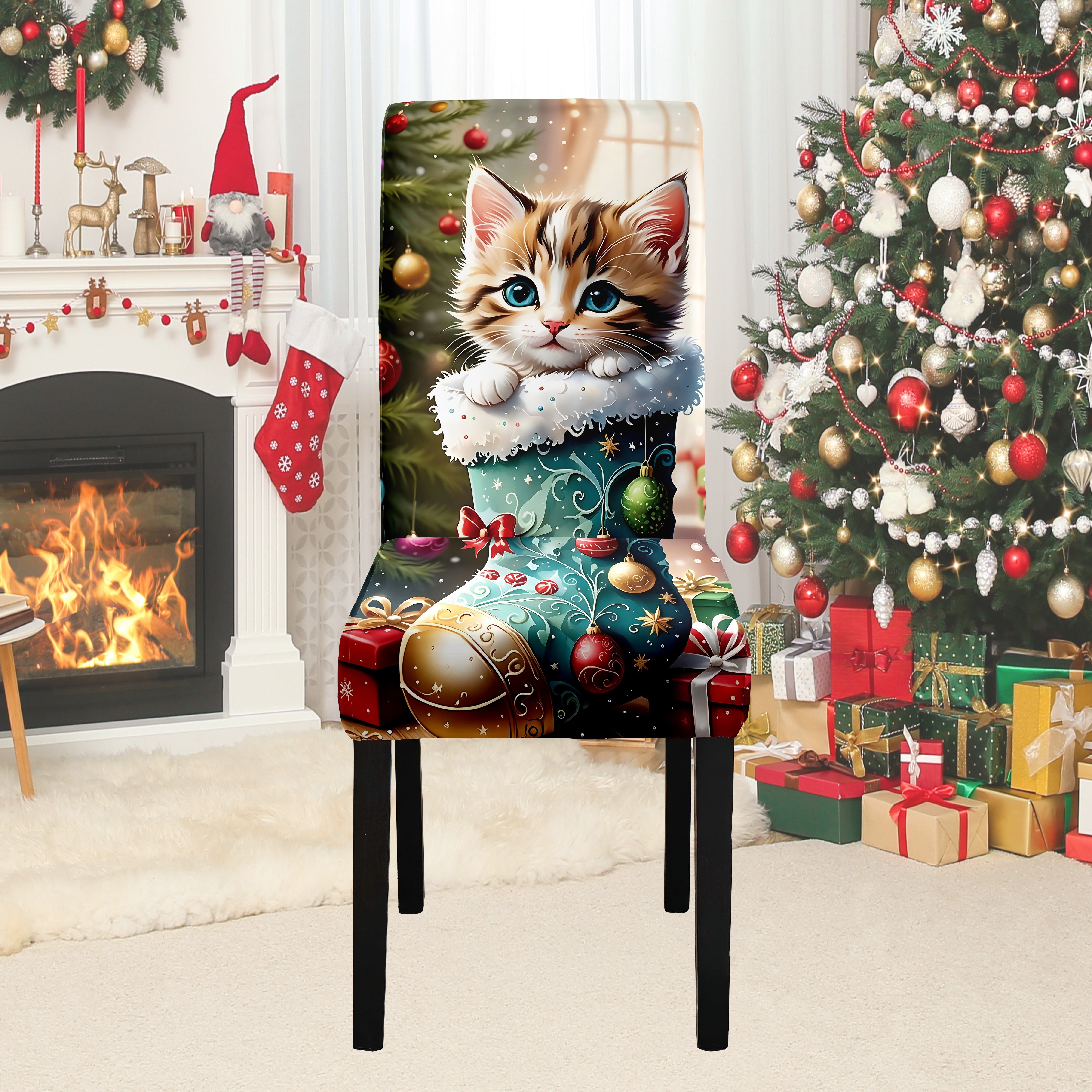 

4/6-piece Cute Cat Hiding In Christmas Stocking Chair Covers - Elegant Dining Room Decor, Stretchable & Washable Milk Silk Fabric, Perfect Holiday Gift