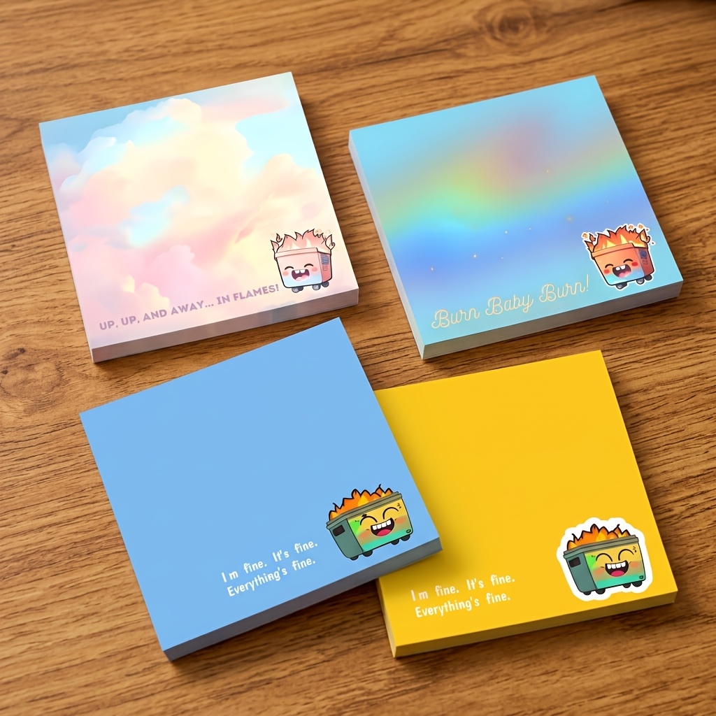 TEMU 4pcs Fire Sticky Notes 3x3 Inch 50 Sheets Funny Office Note Pads Adhesive Funny Cartoon Office Sticky Notes For School Office Home Supplies