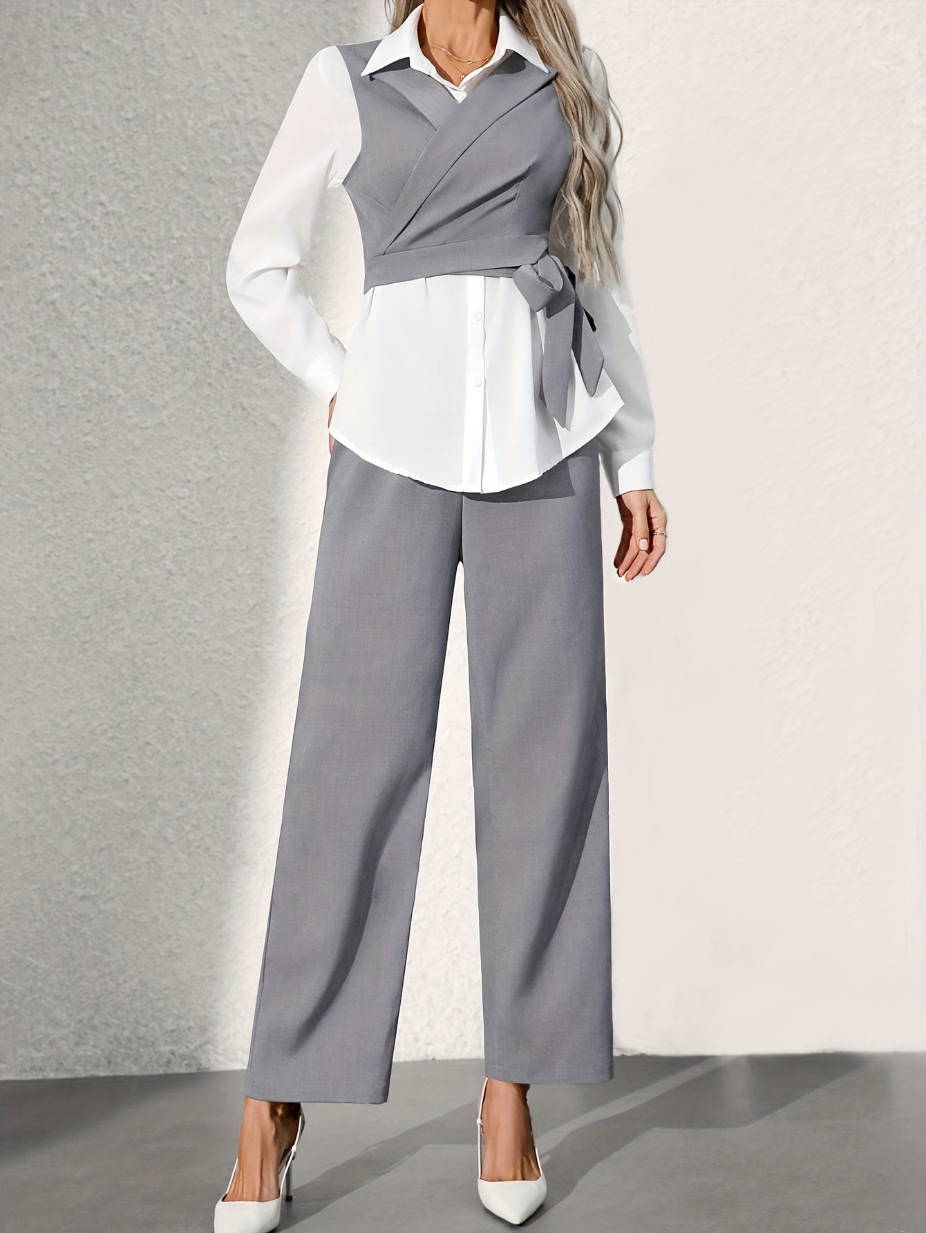 Model wearing the elegant lapel collar pants suit set, front view