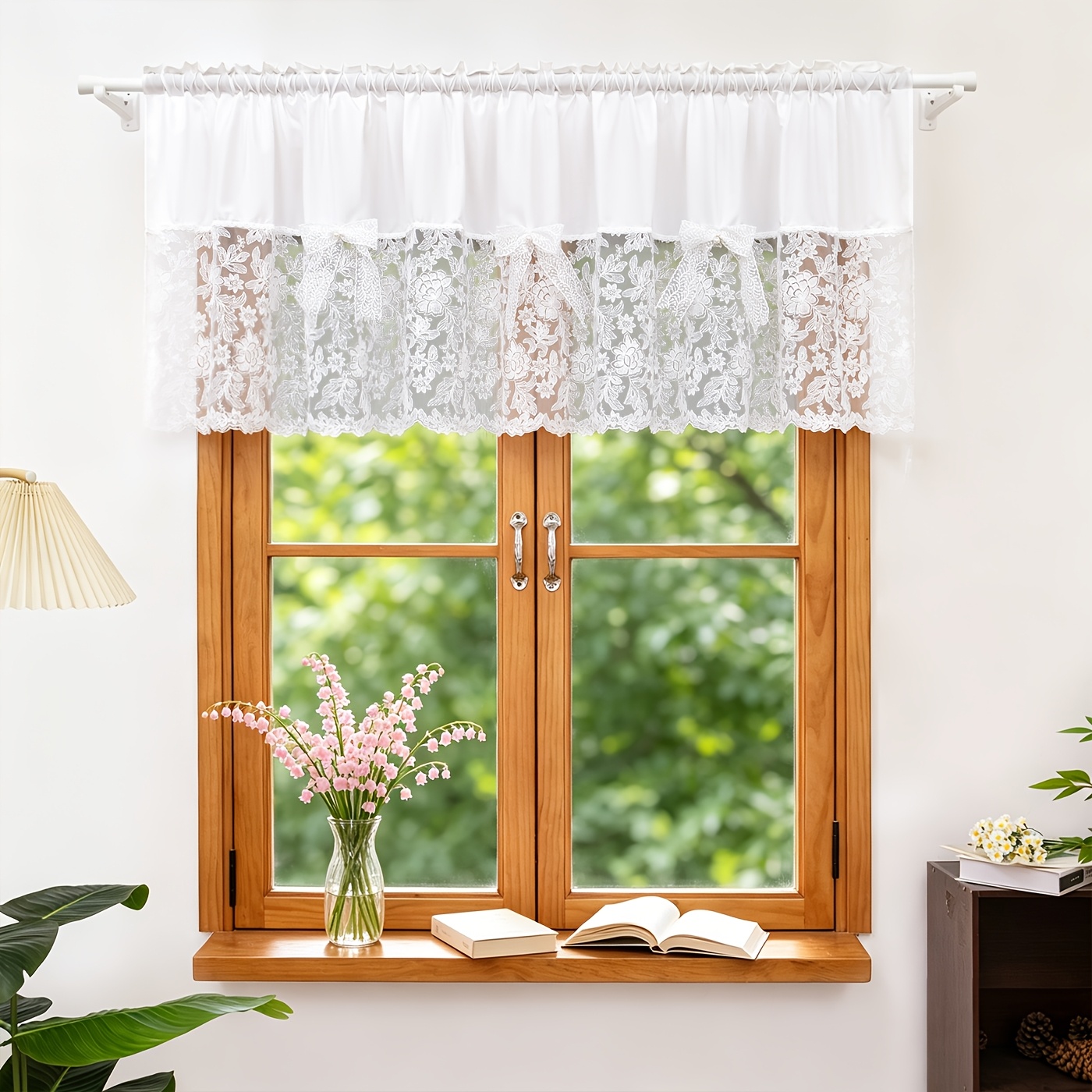 TEMU French And Fabric Tiered Curtain, No Drill Rod Pocket, Dust-proof Privacy Curtain For Kitchen Cabinet, Small Curtain With Floral Lace And Bow