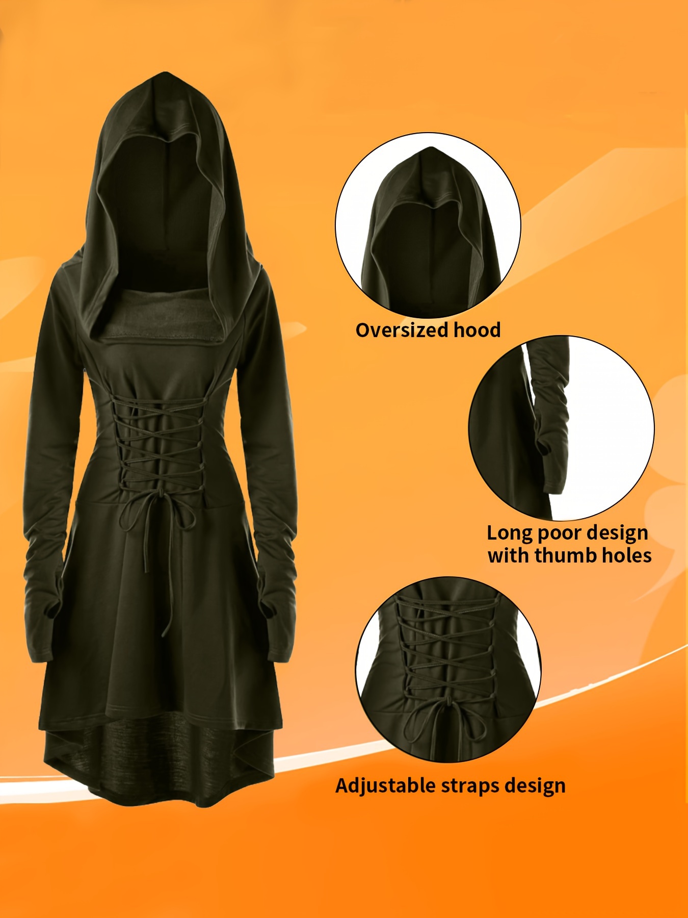 5pcs, Women Medieval Renaissance Costume Hooded Dress Long Sleeve Gothic Clothing Carnival Costume Elves Cosplay Robe with Elf Ears Corset Overknee Socks Arm Protector