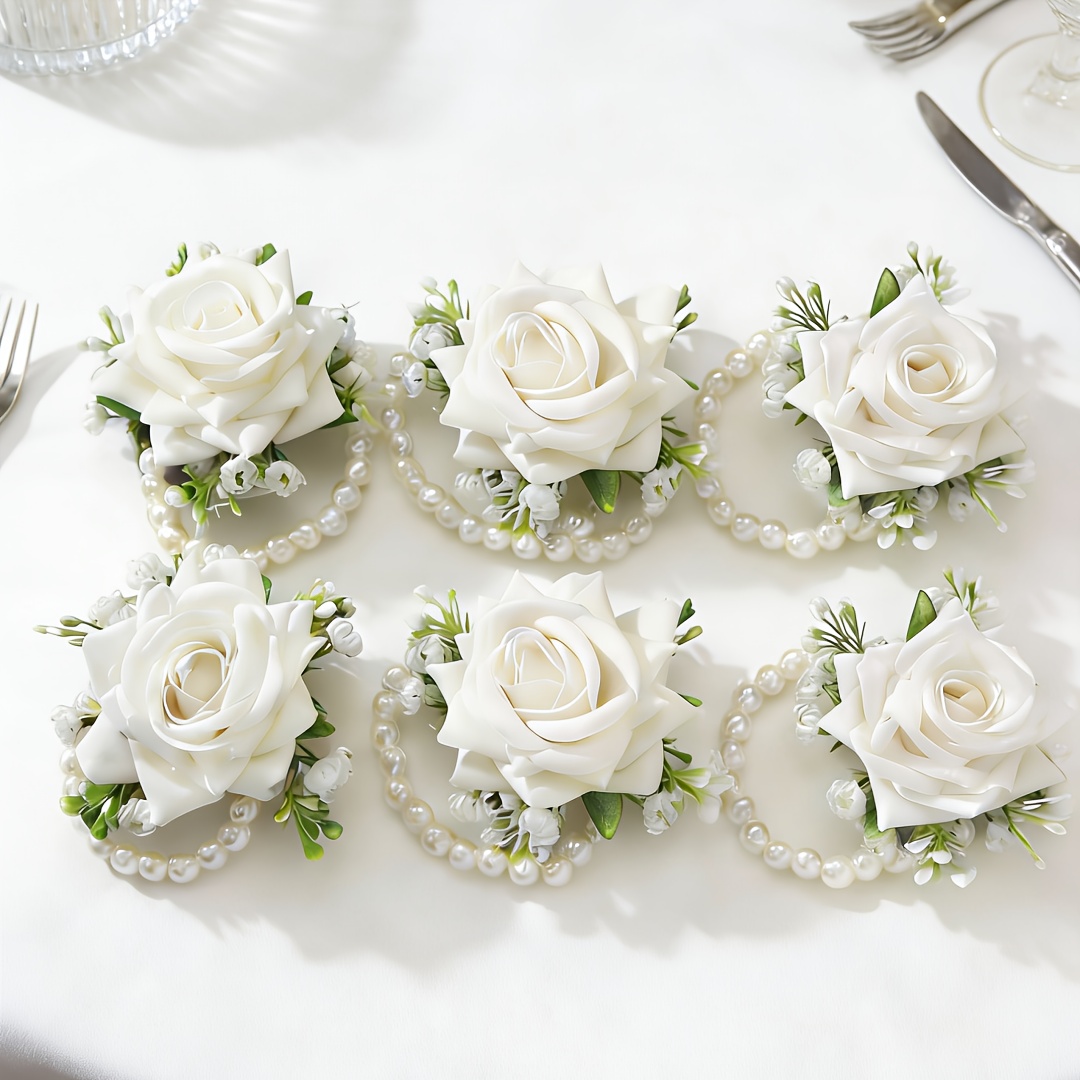 E-shop 6-teiliges elegantes Stoffrosen-Handgelenk-Blumen-Set, geeignet für Hochzeiten, Verlobungen - Künstliche Rosen-Blumenverzierungen, ideal für