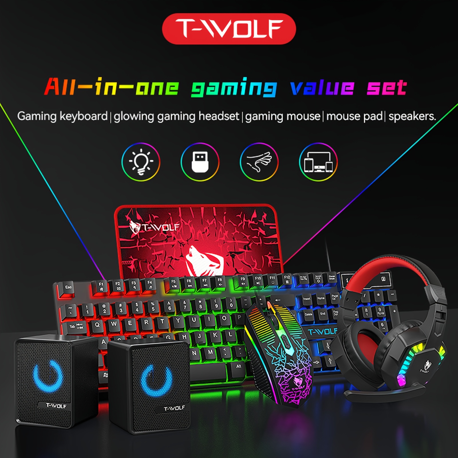 TF880 Complete Wired Gaming Set: Perfectly Compatible with PC, Laptop, And Console, Featuring an Anti-Slip Mouse, Sturdy Mouse Pad, Comfortable Headset, Dreamlight Keyboard, And Versatile Speaker with USB Power, 3.5Mm Output, Dual Diaphragm