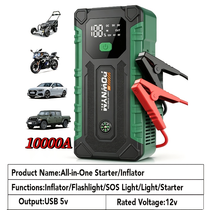 TEMU 10000a Portable Car Jump Starter Optional10000a Portable Car Jump Starter (with 350psi Tire Inflator) 9-in-1 Car Battery Charger Jump Starter