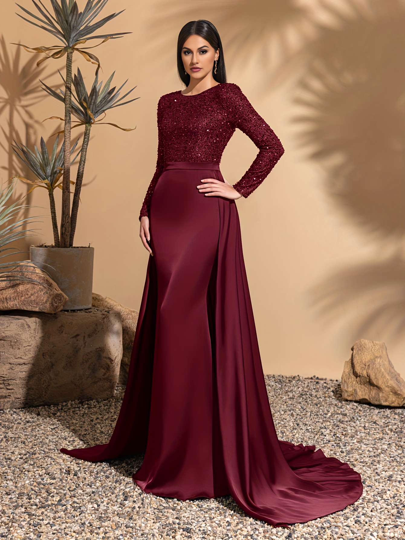 womens elegant long sleeve sequin embellished round neck Temu