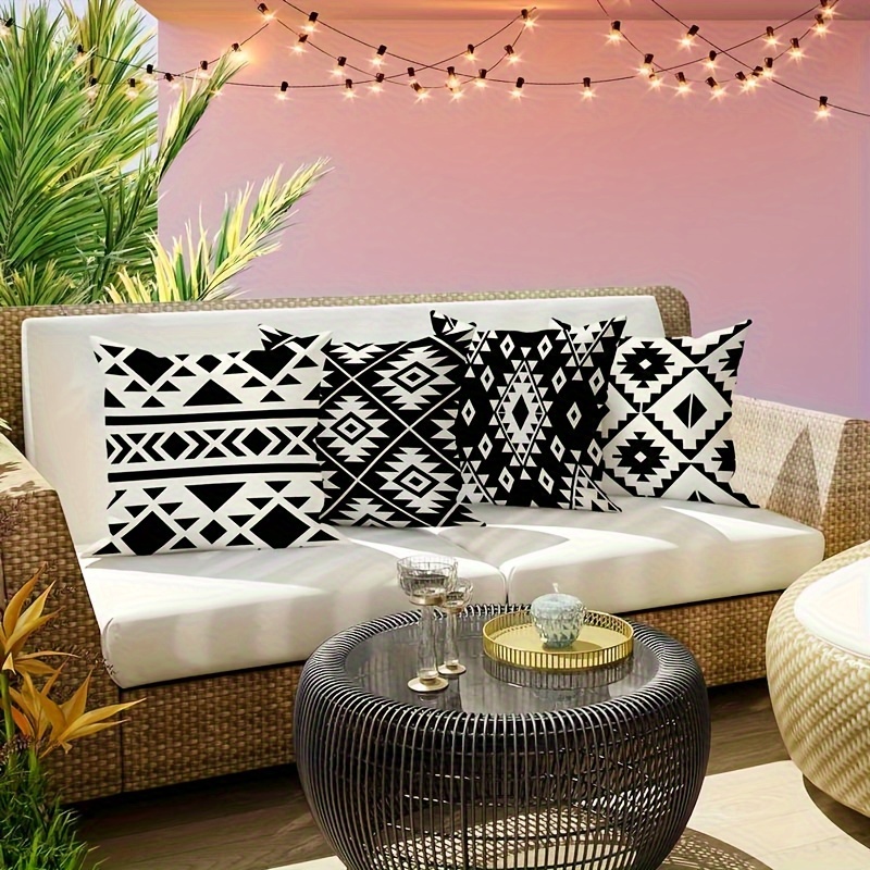 

Set Of 4 Waterproof Outdoor Cushion Covers - Modern Abstract Geometric Design, Black & White, Durable Polyester, Zip Closure - Perfect For Patio Furniture & Garden Decor, 18x18 Inches