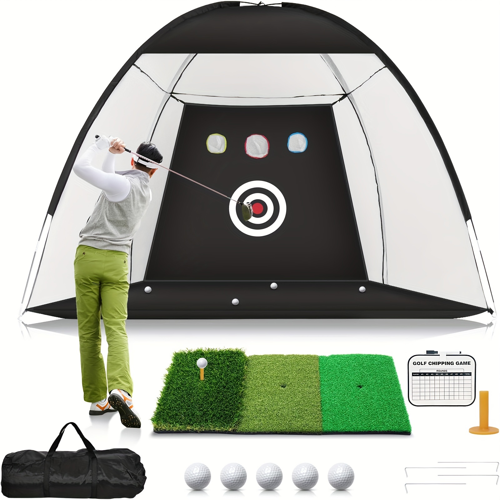 

Golf Net, 10x7ft Golf Practice Net With Tri-turf Golf Mat, All In 1 Home Golf Hitting Aid Nets For Backyard Driving Chipping Swing Training With Target/mat/balls/tee/bag - Gift For Men/golf Lovers