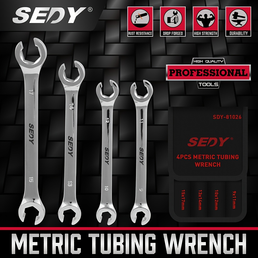 TEMU 4pcs Flare Nut Wrench Open-ended Brake Pipe Spanner Set 9, 10, 11, 12, 13, 14, 15, 17mm