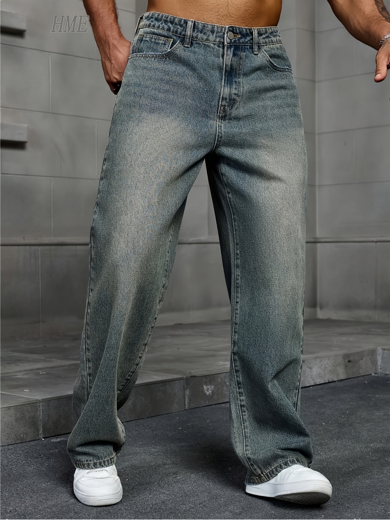 HME Men's Stylish Casual Jeans, Mid-rise Stretch Straight-leg Pants, Vintage Washed And Distressed Design, Naturally Faded Hand-scratched Whisker Patterns, Suitable for All Seasons, A Simple And Trendy Long Men's Denim Pant.