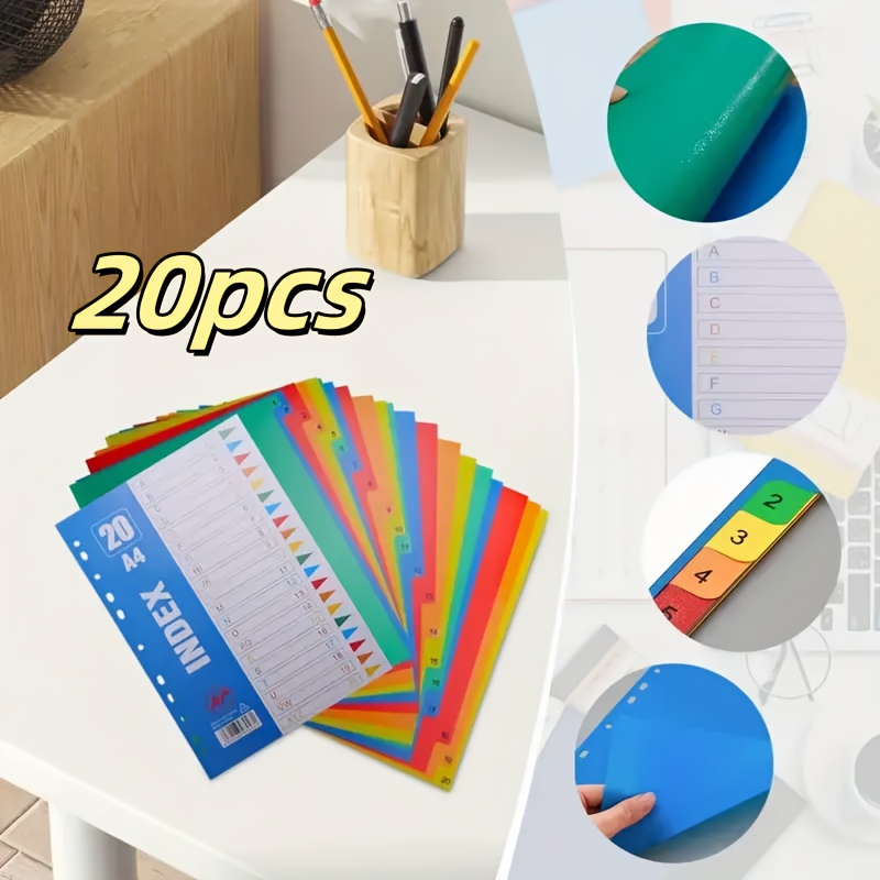 20 Sheets A4 Binder Divider With Index Number - Thick Plastic Material, Pre- Holes For Ring Binders, Color-coded Labels - Multifunctional Office, School, Home Organization Tool
