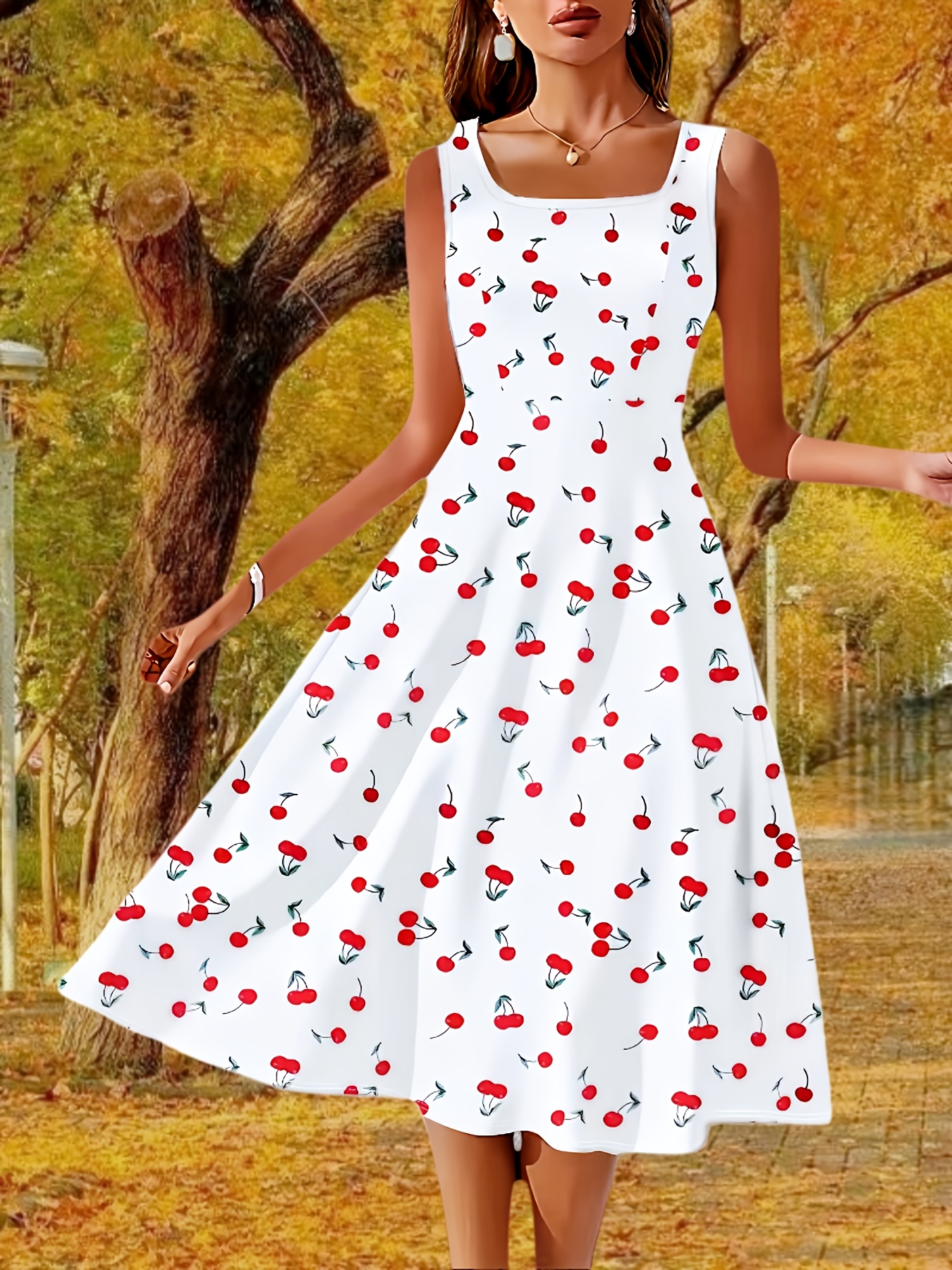 elegant womens cherry floral print sleeveless square neck a - Temu Italy