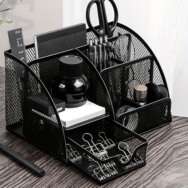 

1pc Multi-functional Desk Organizer With Multiple Compartments And Drawer, Iron Mesh Office Supply Storage Rack For Home, School, Workspace Accessories, Letter Tray Holder