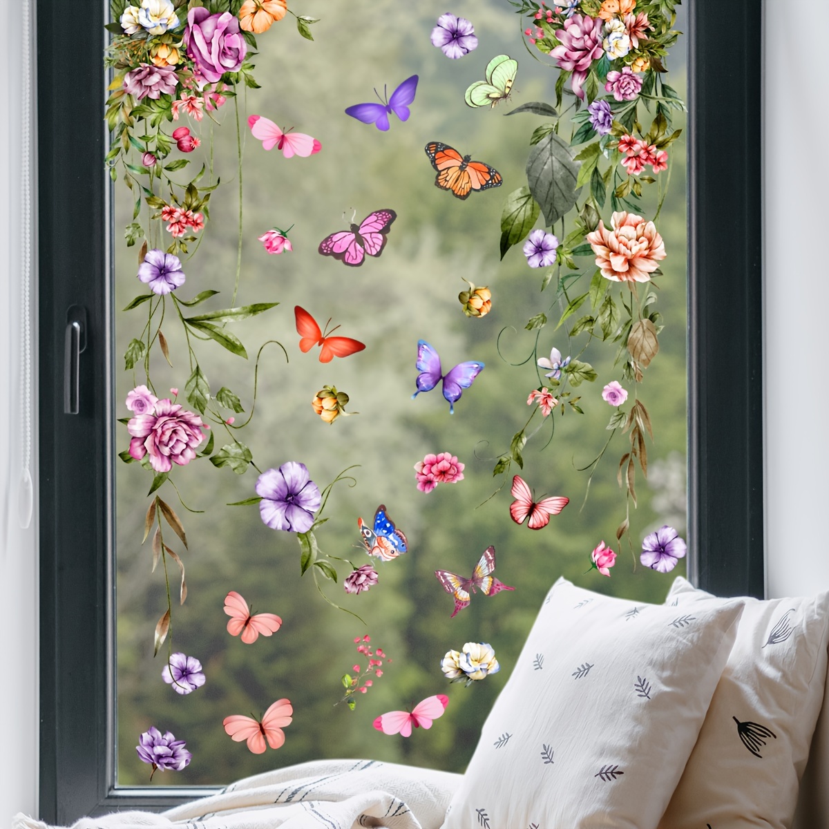 

1 Set Colorful Plant Vines Floral Butterfly Creative Window Decals, Double-sided Home Glass Showcase Stickers, Plastic Wall Decor, Aesthetic Home Decoration, Room Decor, Beautify Your Home