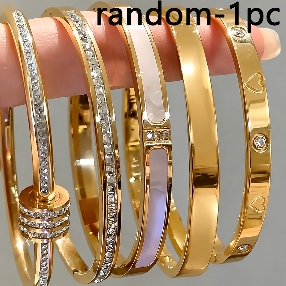 TEMU Random 1pc 18k Golden Plated 304 Stainless Steel Women's Bangle, Inlaid Rotatable Beads And Mother-of-pearl Inlay And Heart-shaped Engraved