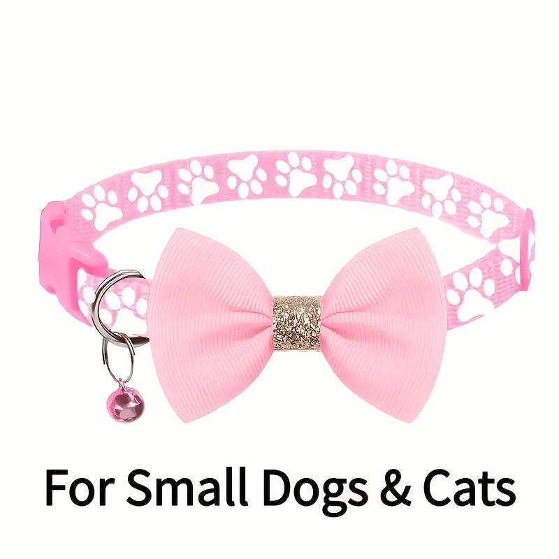TEMU 1pc Pet Collar With Adjustable - Cute Bow Tie Collar Design, Yellow/pink/blue/green/purple/red/black/gray/brown - With Paw Print Pattern -