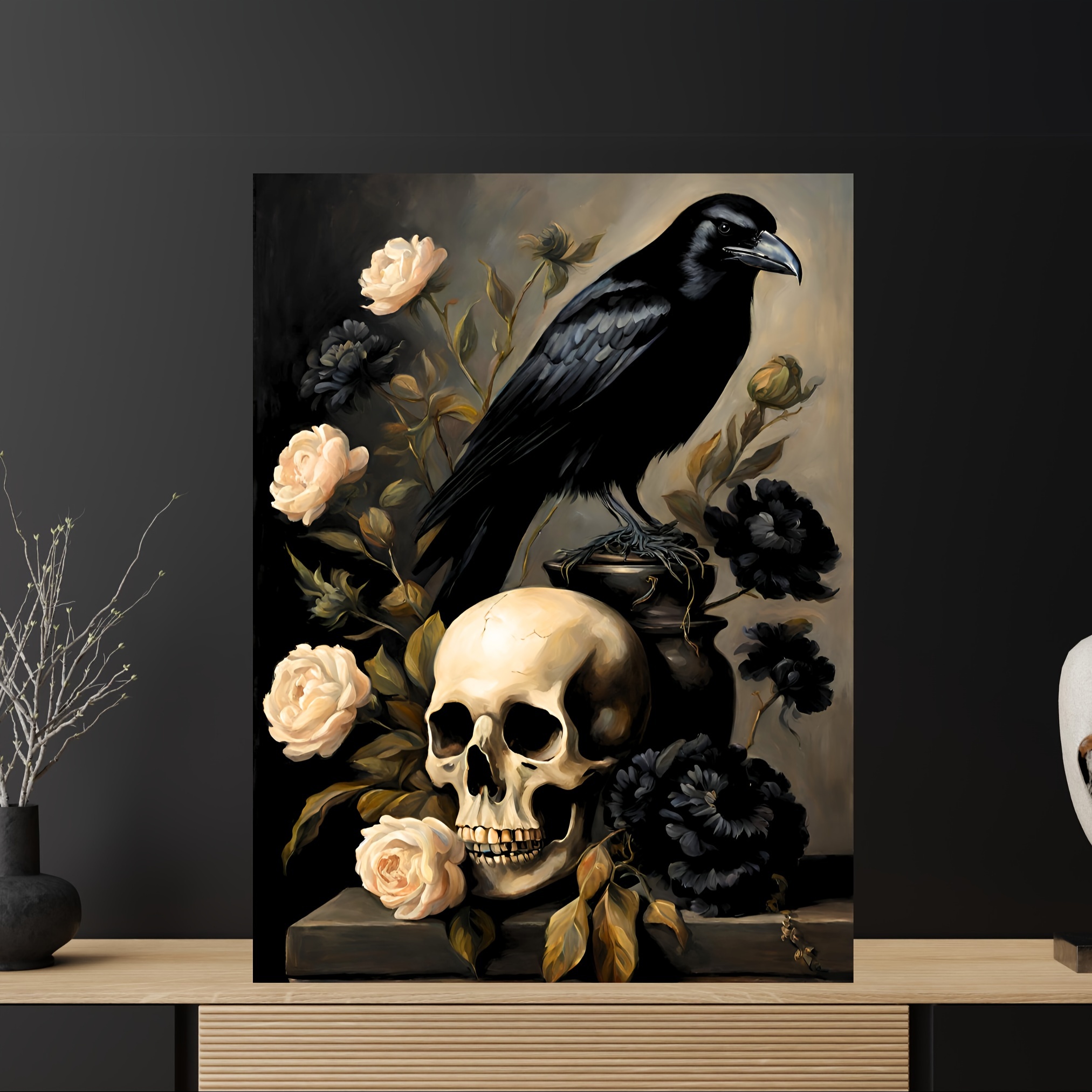 

Gothic & Floral Canvas Art Print - Wall Decor For Bedroom, Living Room, Kitchen, And Hallway - Perfect Halloween Gift