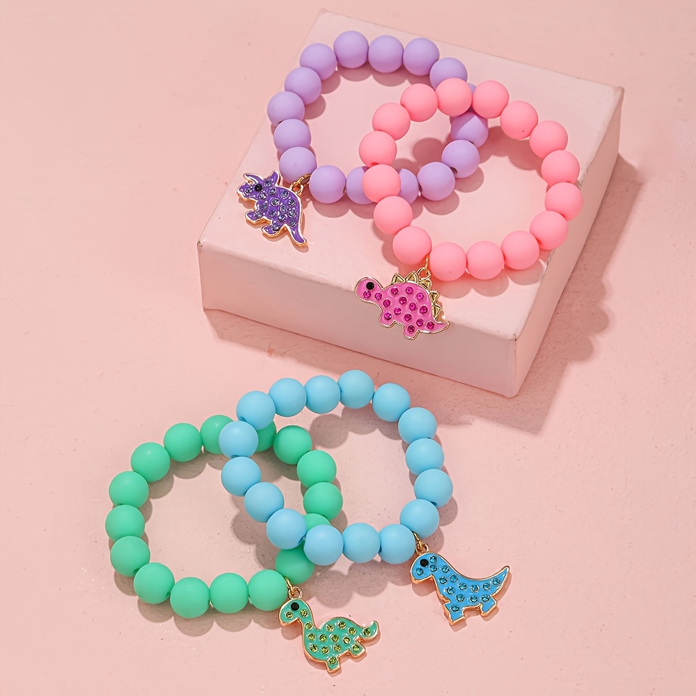 TEMU 4pcs Cute Colorful Dinosaur Pendant Bracelet Set For Girls, Bff Friendship Jewelry, Stylish And Creative Additions For Holiday Parties, Music